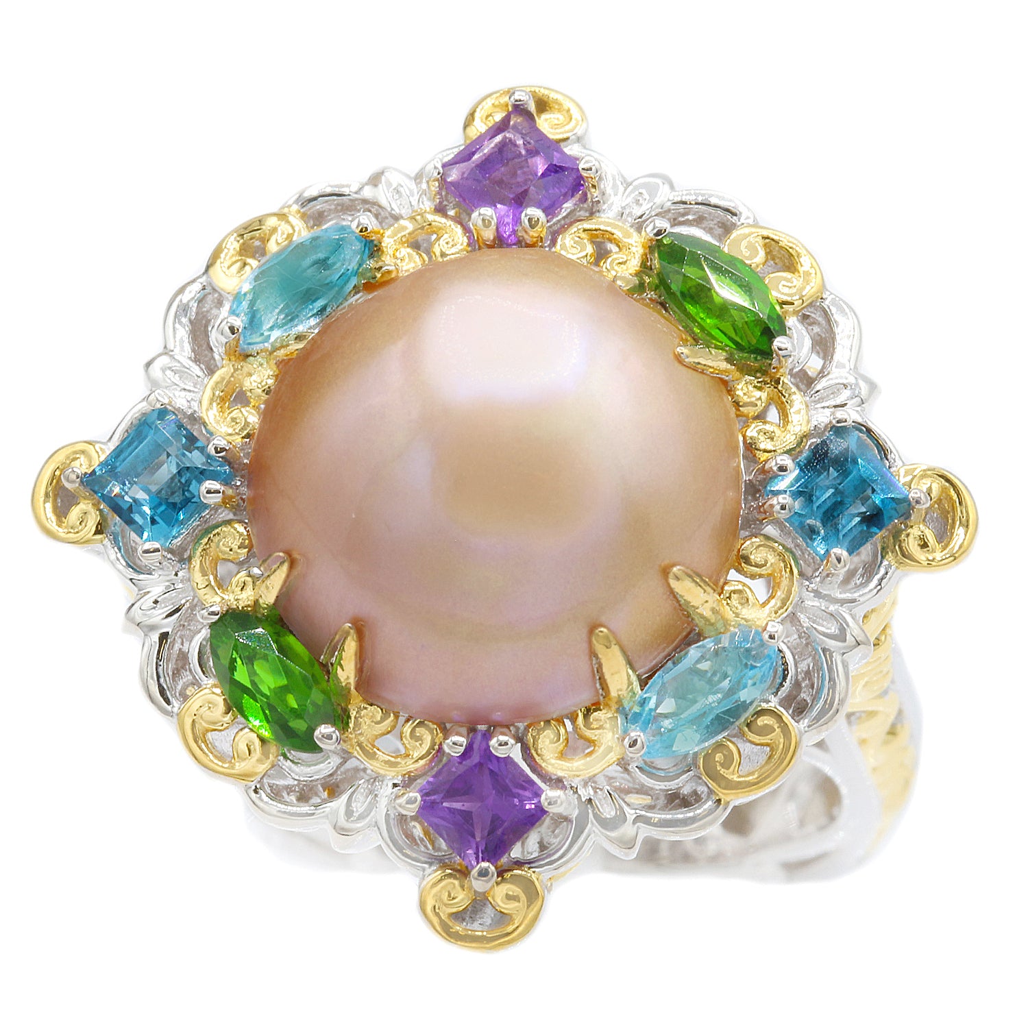 Gems en Vogue Golden Mabe Pearl & Multi Gemstones Ring