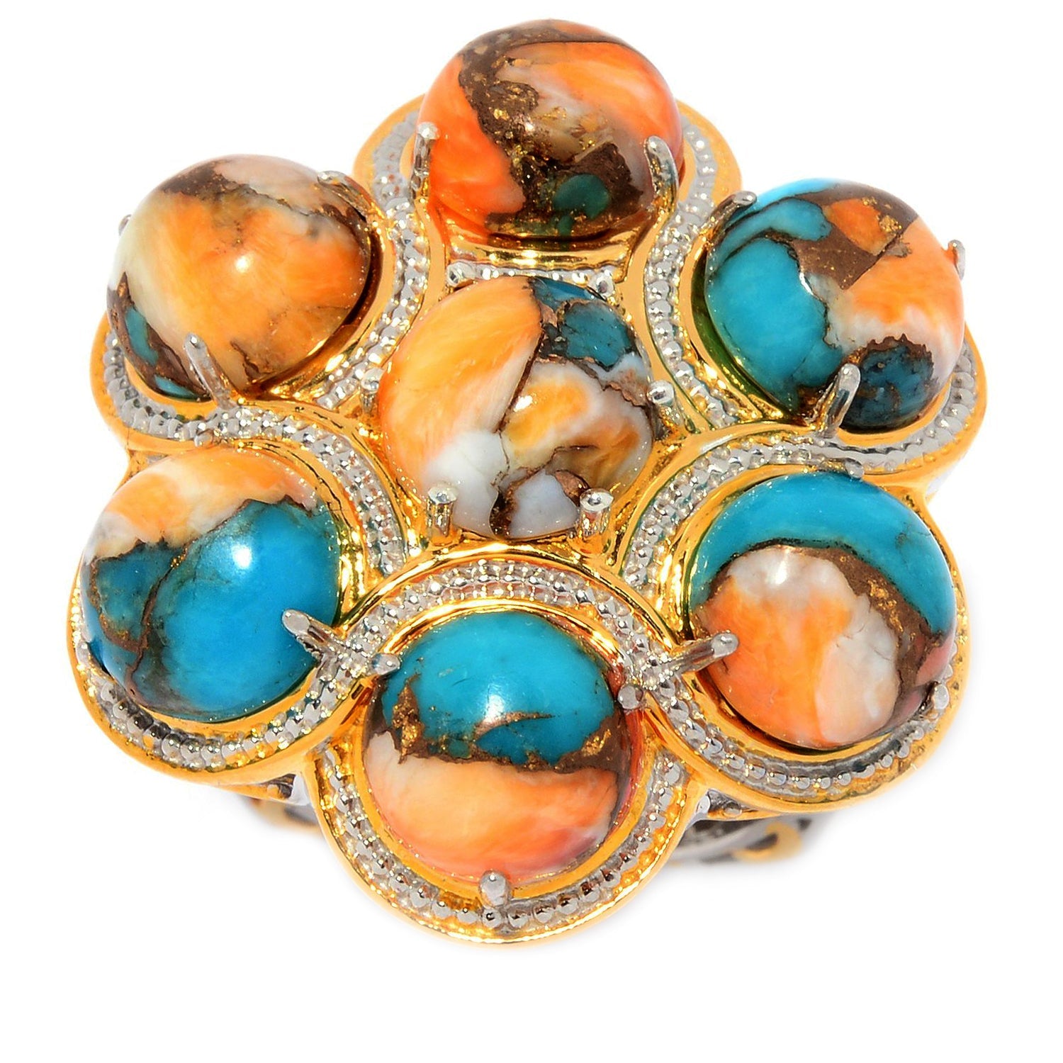 Gems en Vogue Spiny Oyster Turquoise 7-Stone Cluster Flower Ring