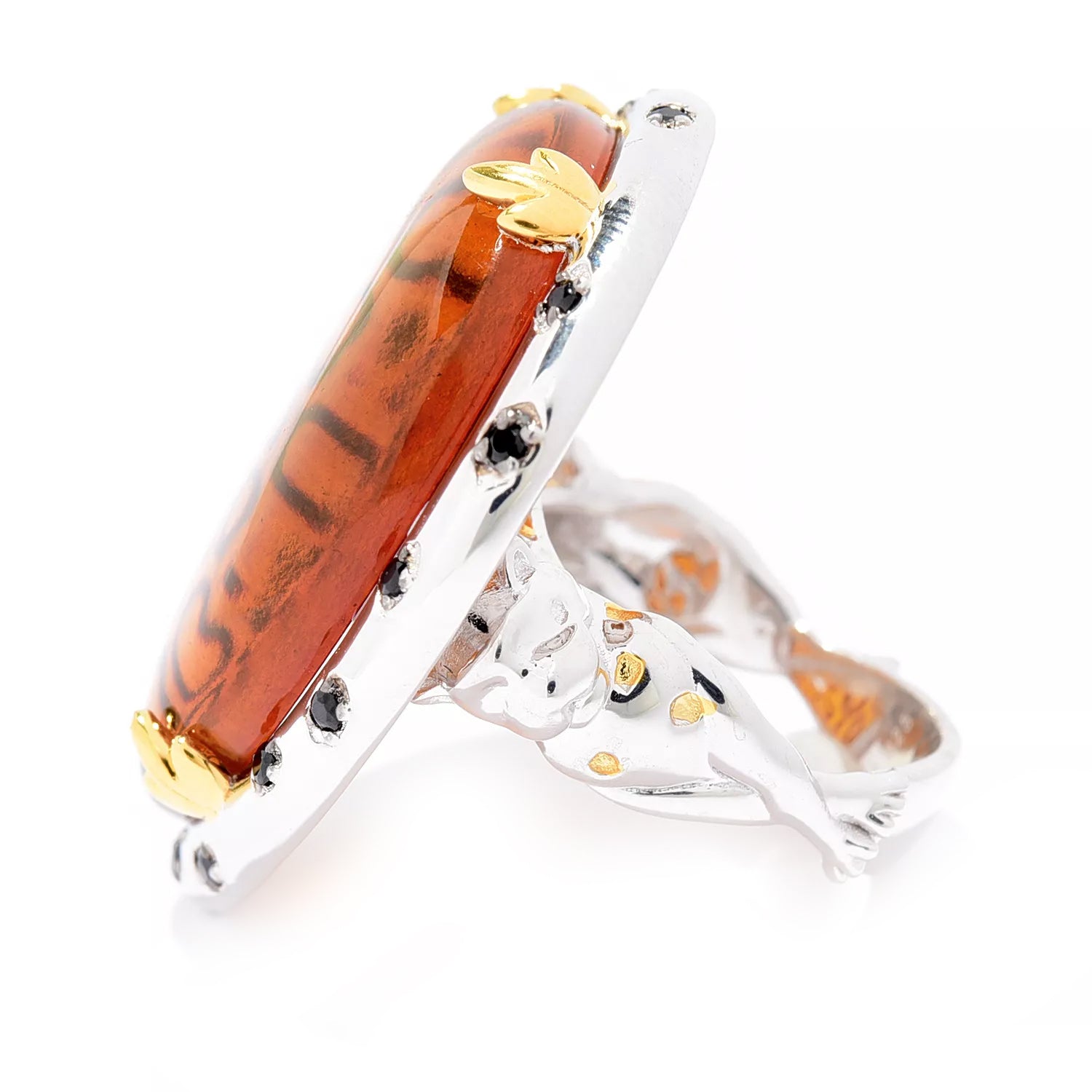 Gems en Vogue Carved Amber & Black Spinel Panther Ring