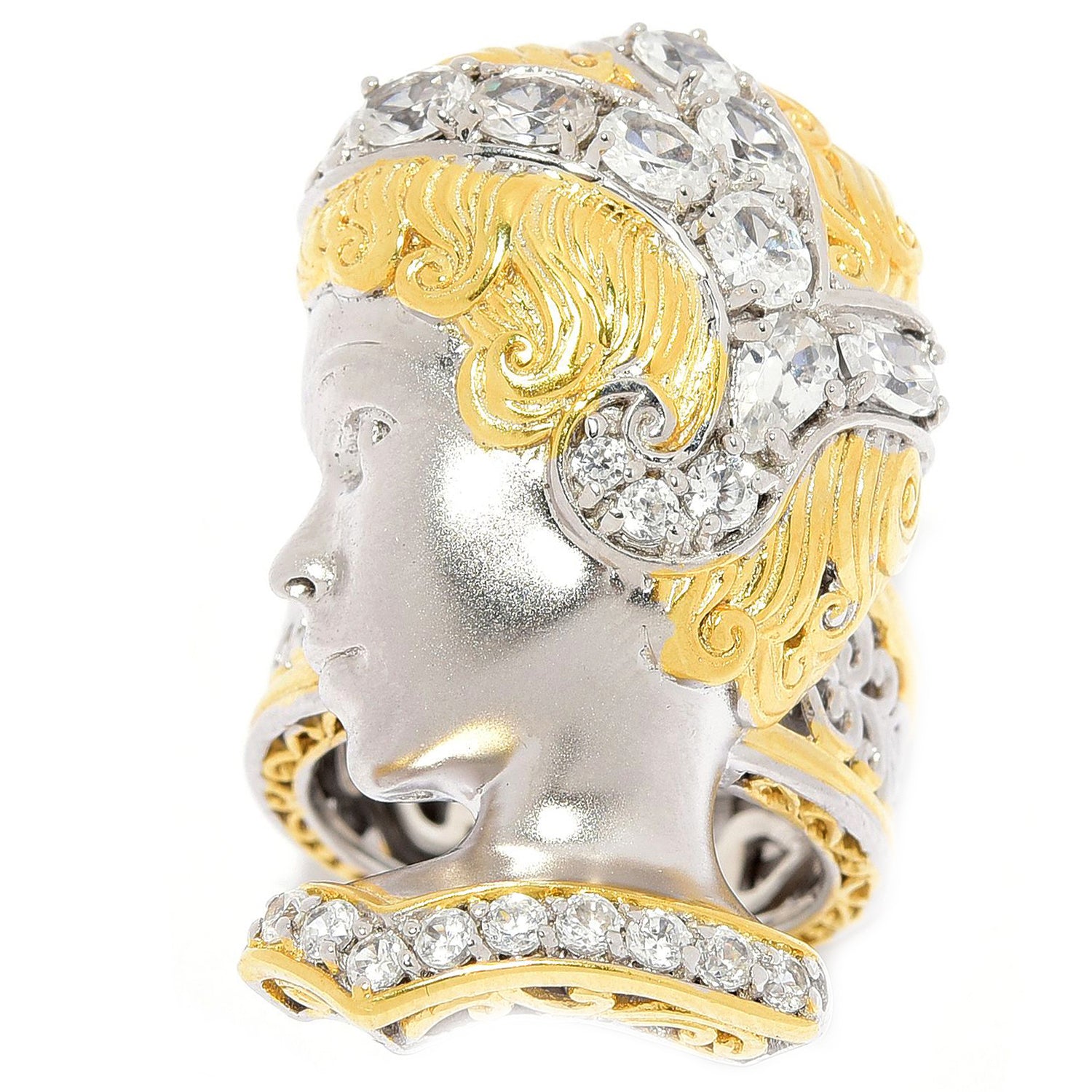 Gems en Vogue 2.95ctw Scultped Metal White Zircon Portrait Ring