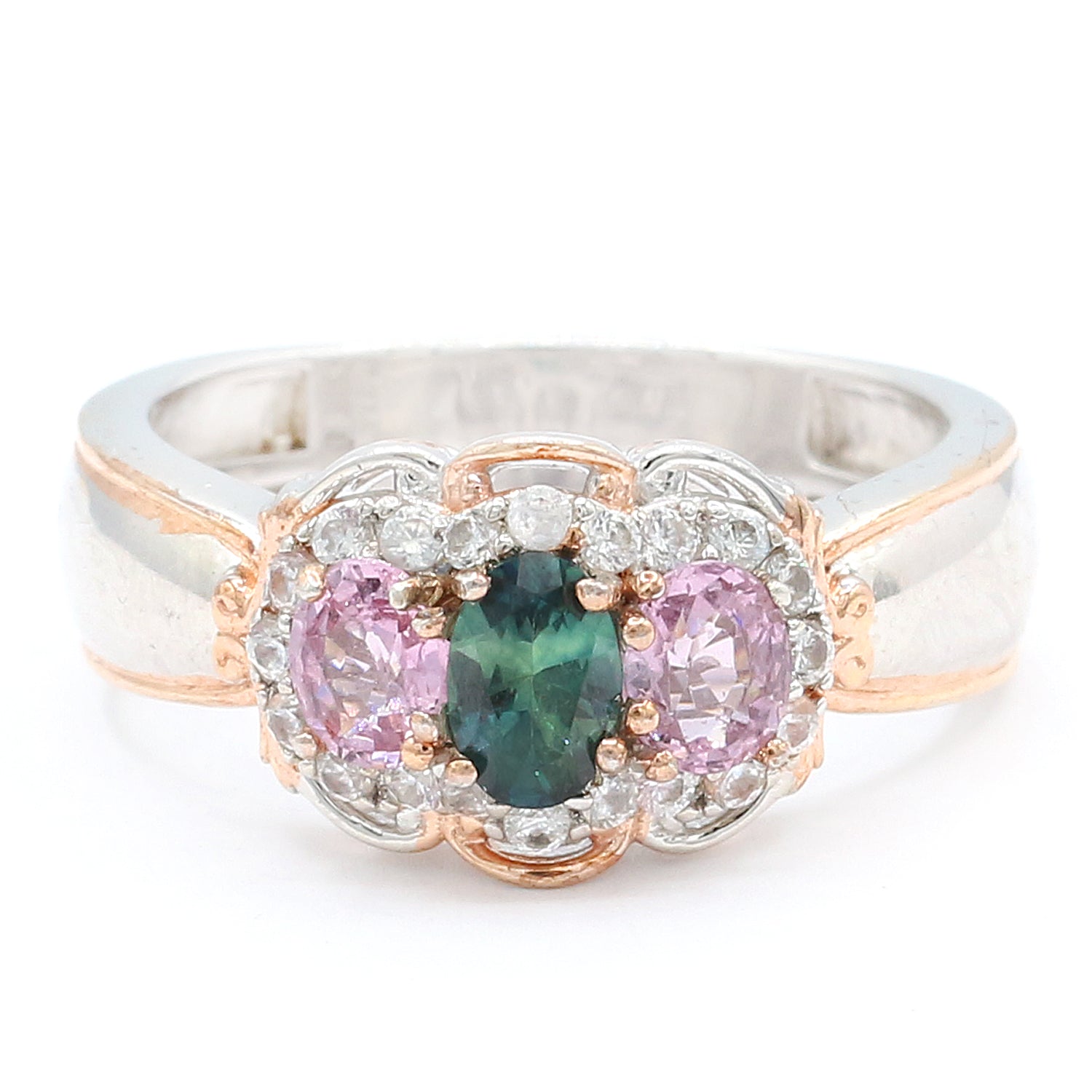 Gems en Vogue 1.73ctw Peacock Sapphire, Pink Spinel & White Zircon Ring