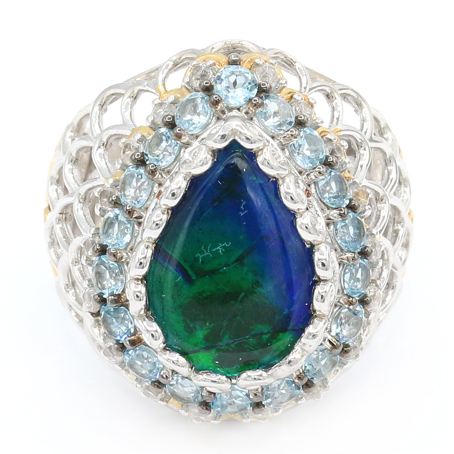 Gems en Vogue Peacock Ammolite, Sky Blue Topaz & White Zircon Ring