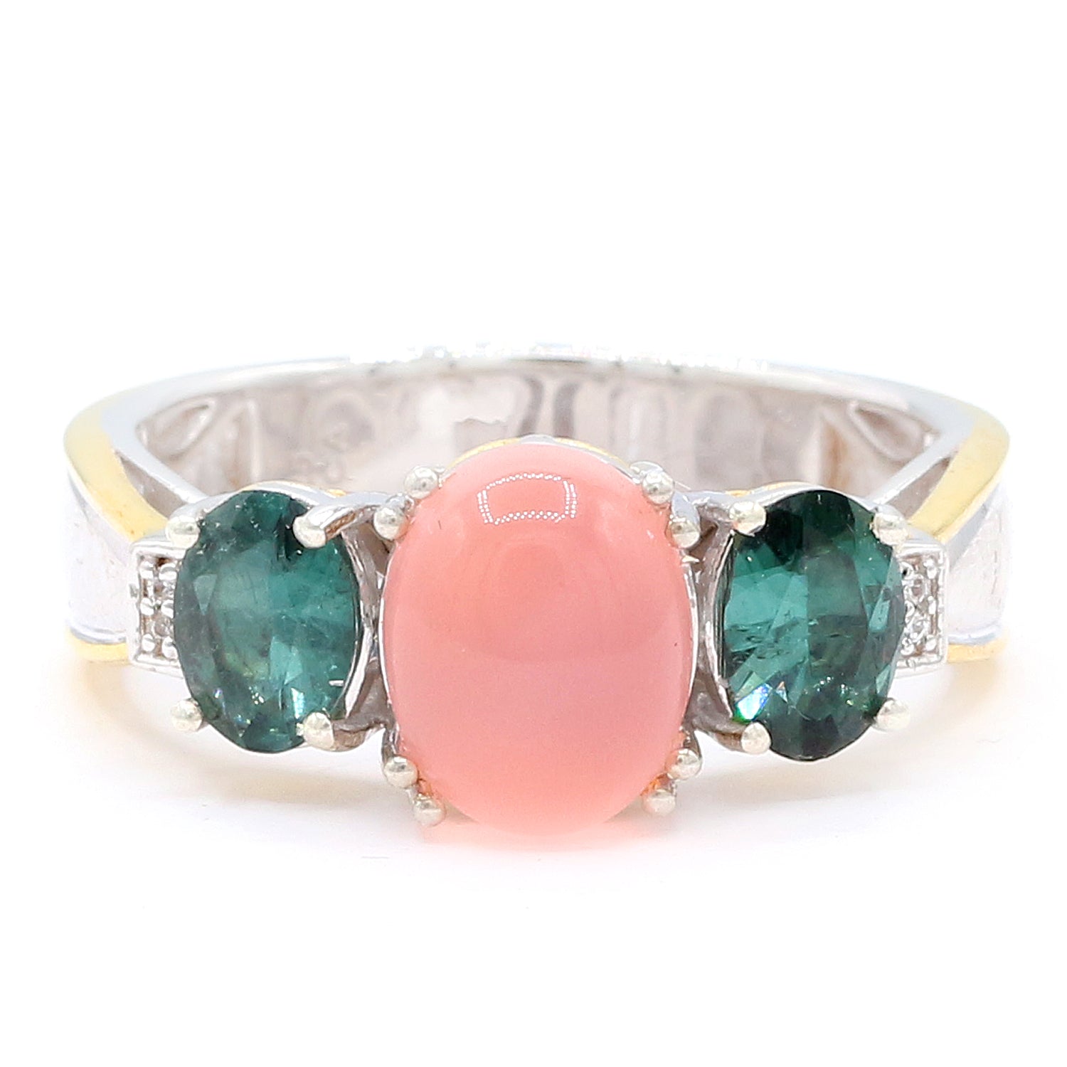 Gems en Vogue 1.66ctw Pink Chalcedony, Teal Tourmaline & Diamond Three Stone Ring