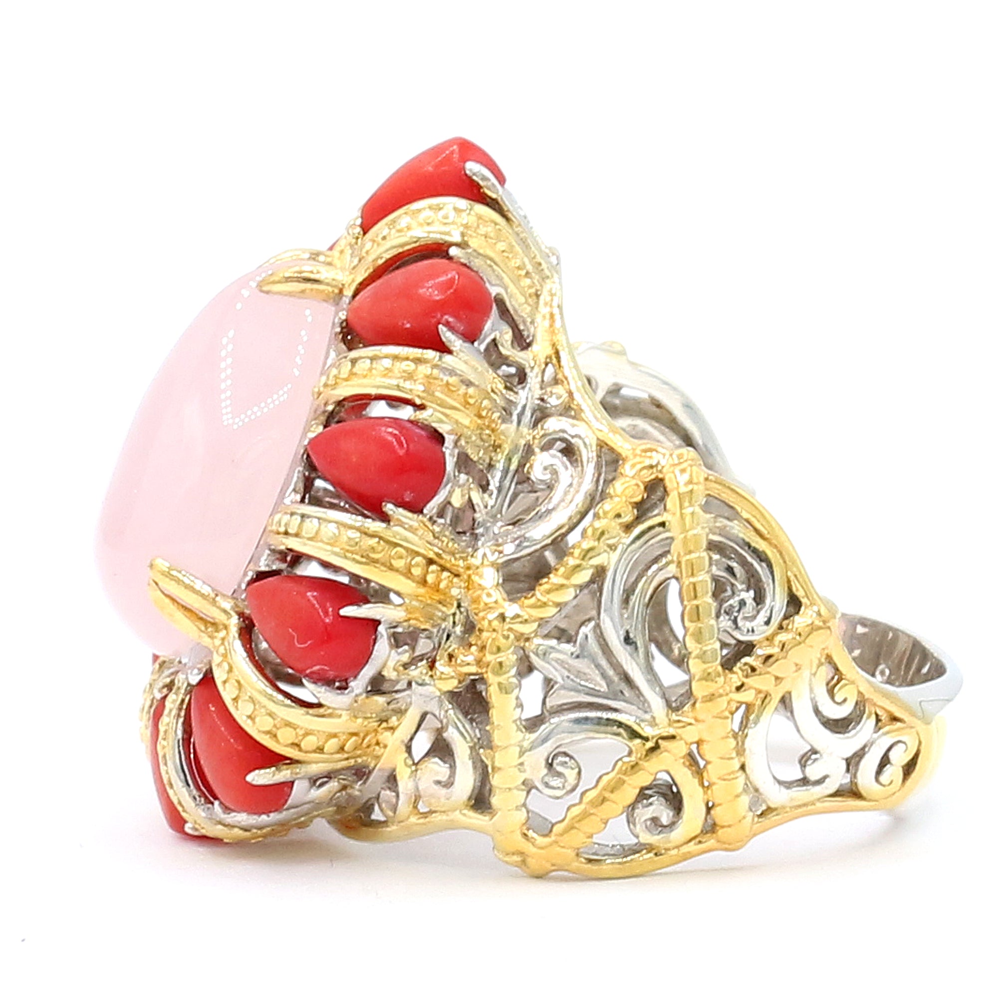 Gems en Vogue One-of-a-Kind 24K Palladium Silver Rose Quartz & Red Coral Ring