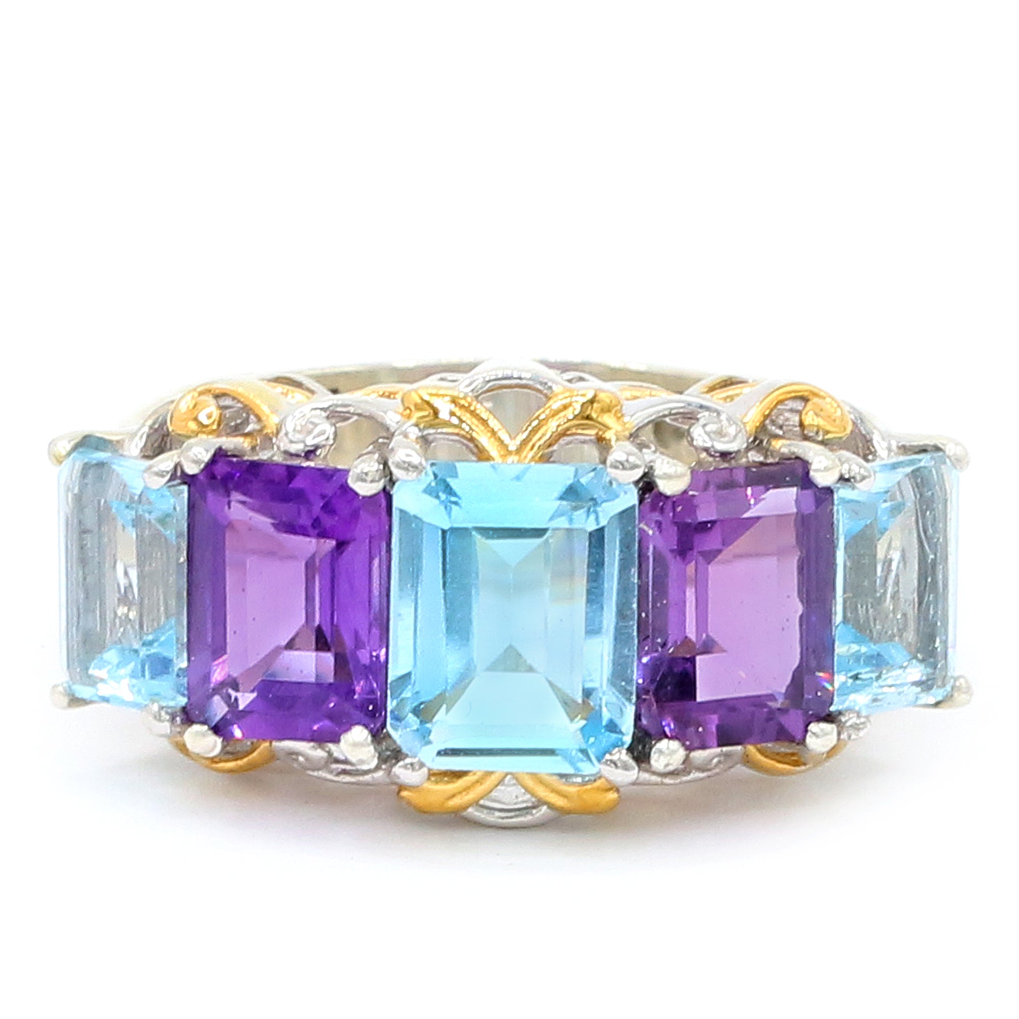 Gems en Vogue One-of-a-Kind 8.24ctw Emerald Shape Blue Topaz & Amethyst Five Stone Ring