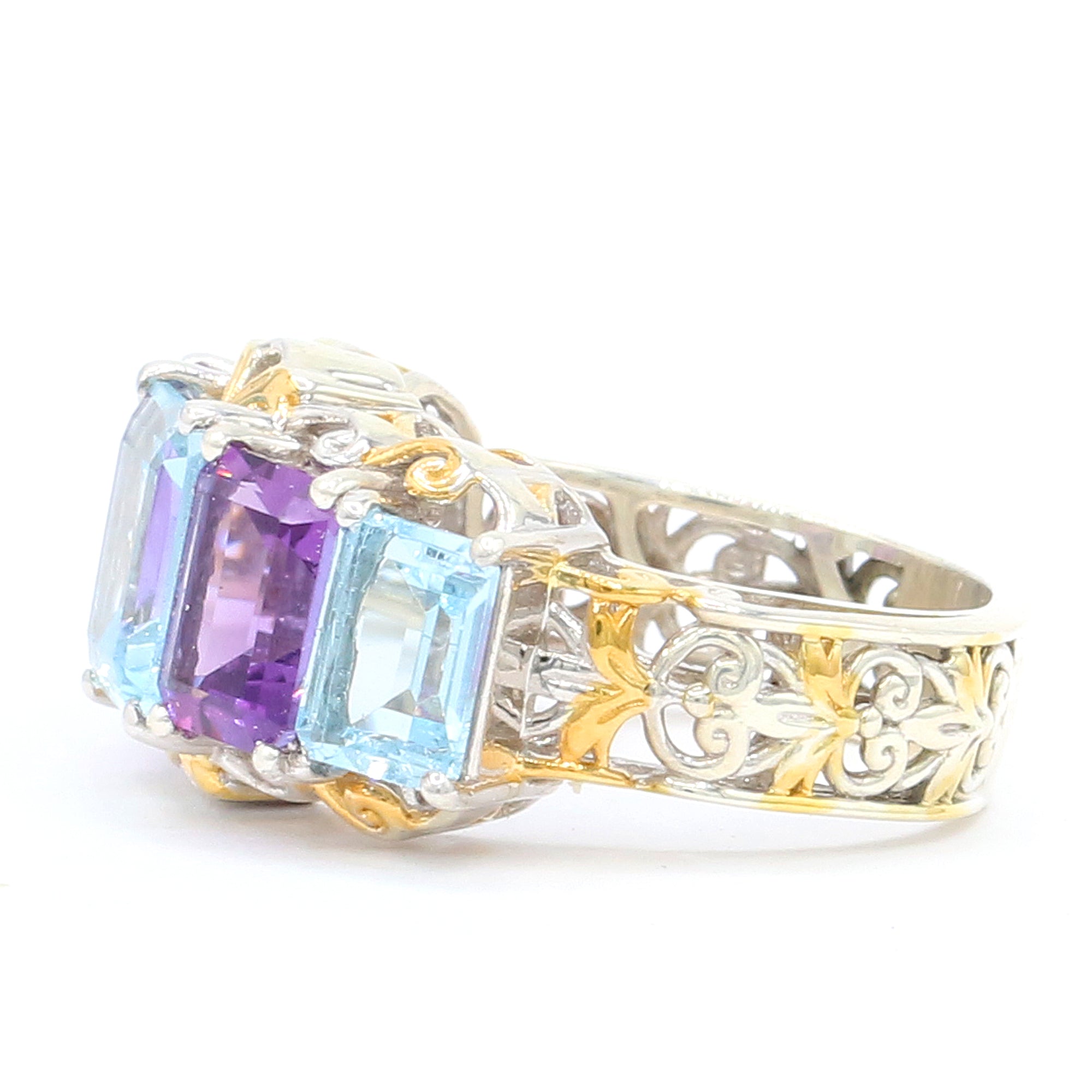 Gems en Vogue One-of-a-Kind 8.24ctw Emerald Shape Blue Topaz & Amethyst Five Stone Ring