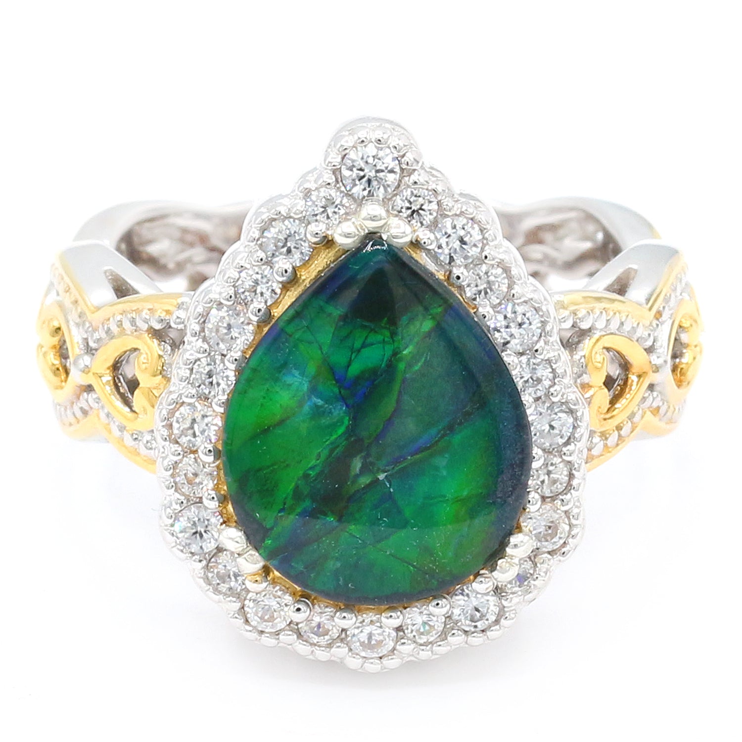 Gems en Vogue Pear Shaped Peacock Ammolite & White Zircon Halo Ring