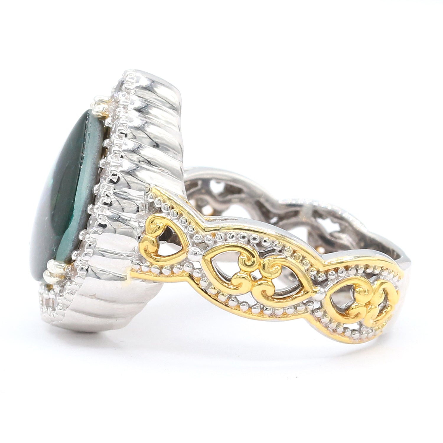 Gems en Vogue Pear Shaped Peacock Ammolite & White Zircon Halo Ring