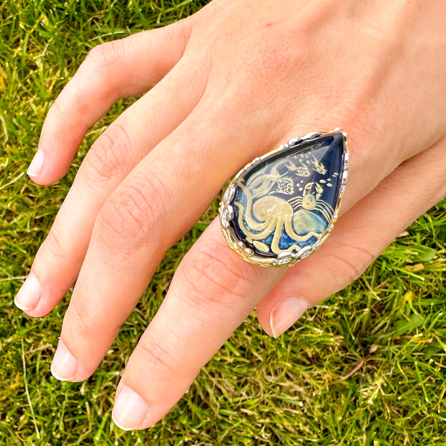 Gems en Vogue Carved Blue Amber & Pink Sapphire Sealife Ring