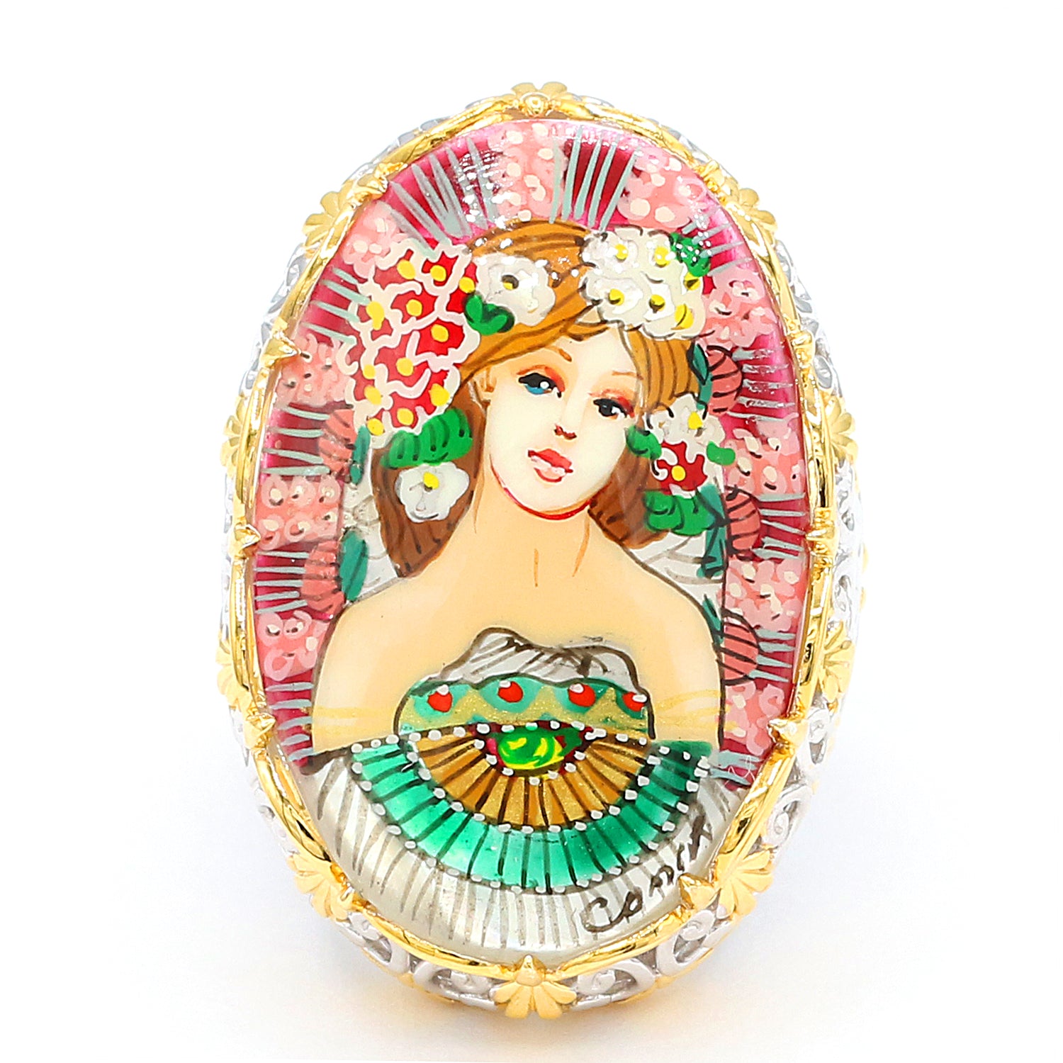 Gems en Vogue Painted Shell Lady & Flower Ring