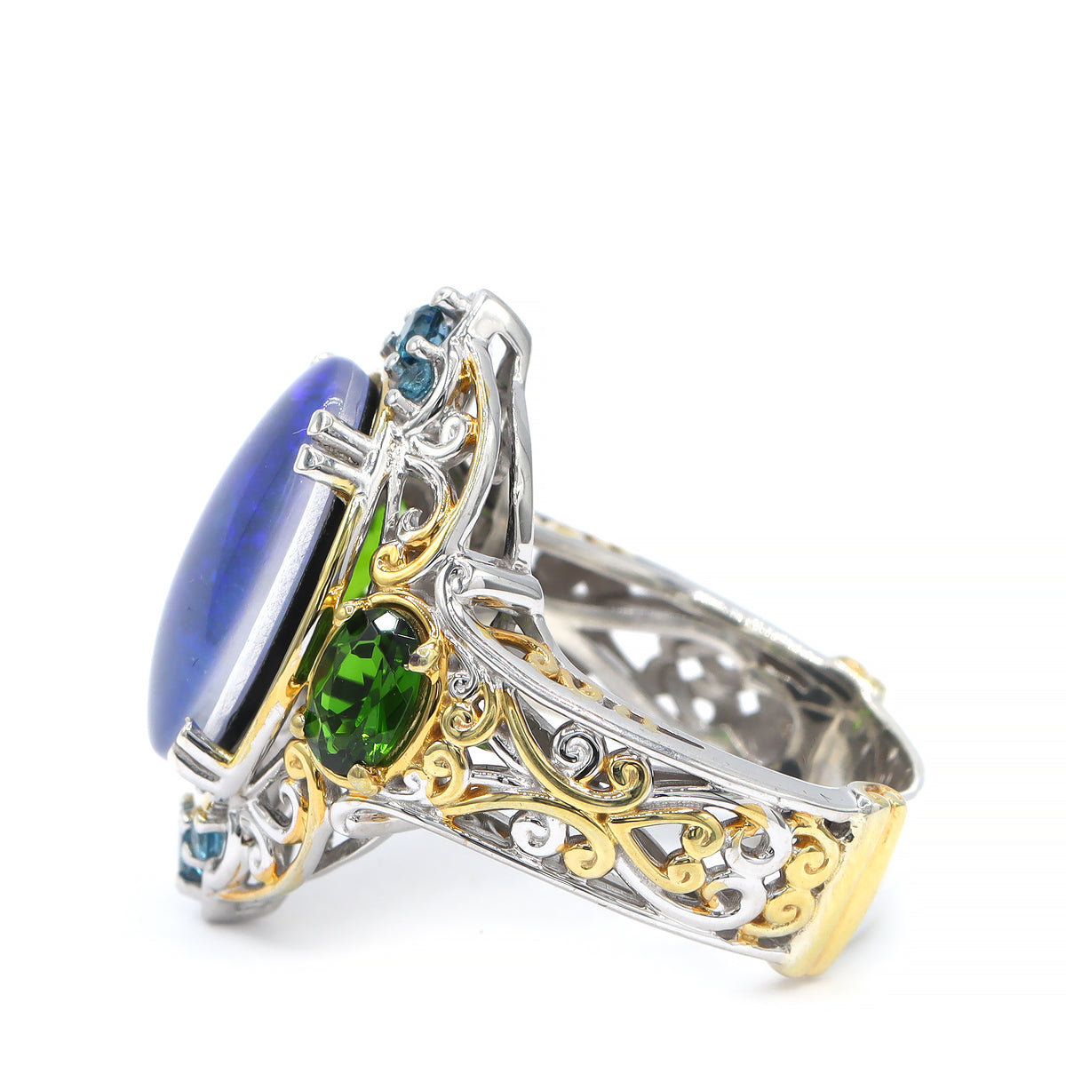 Bague paon Gems en Vogue pièce unique en opale australienne aurore triplet, diopside chromé en argent et palladium 24 carats