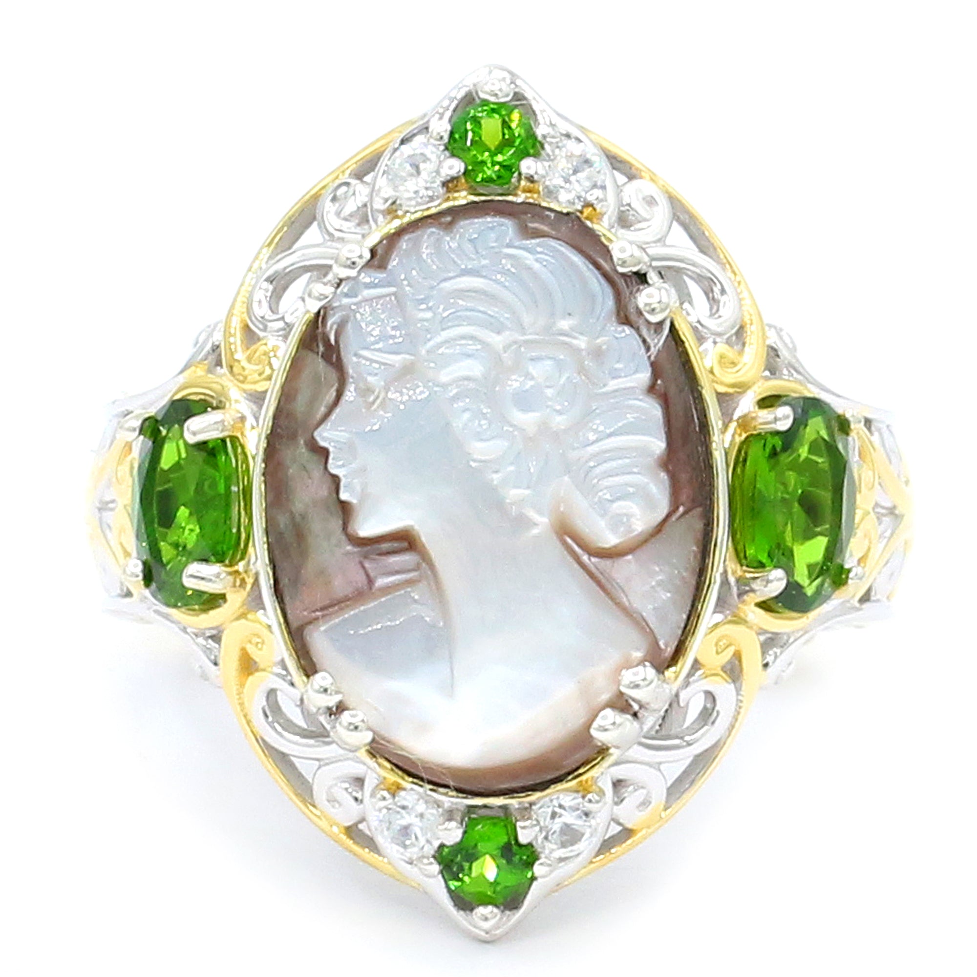 Gems en Vogue 24K Palladium Silver Tahitian Shell Cameo & Chrome Diopside Lady Portrait Ring