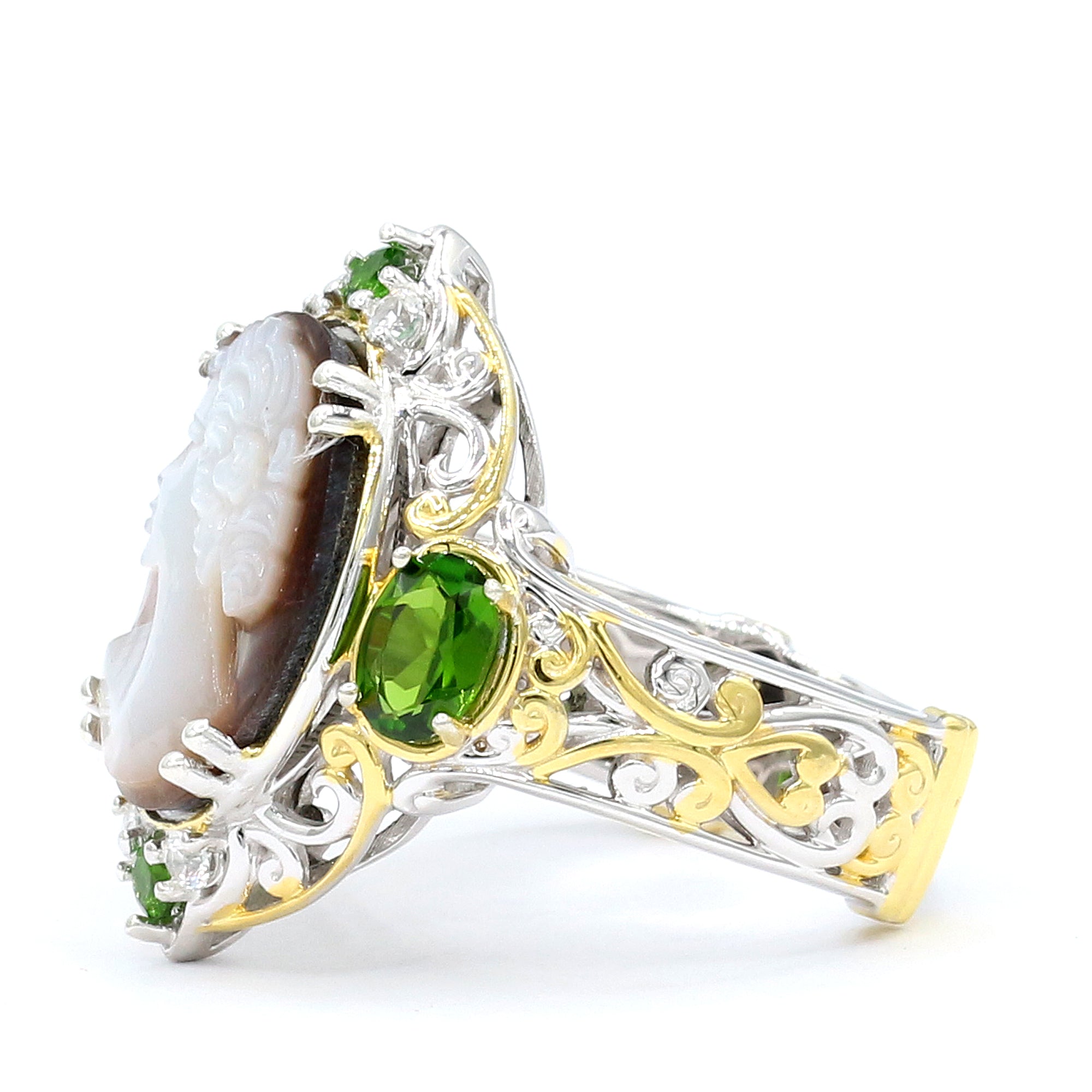 Gems en Vogue 24K Palladium Silver Tahitian Shell Cameo & Chrome Diopside Lady Portrait Ring