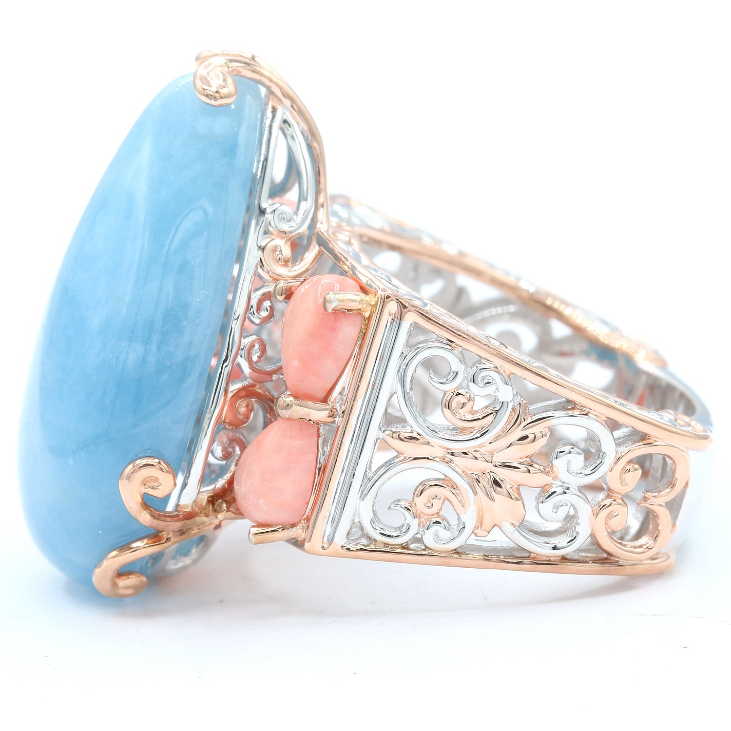 Gems en Vogue Aquamarine Cabochon & Pink Coral Ring