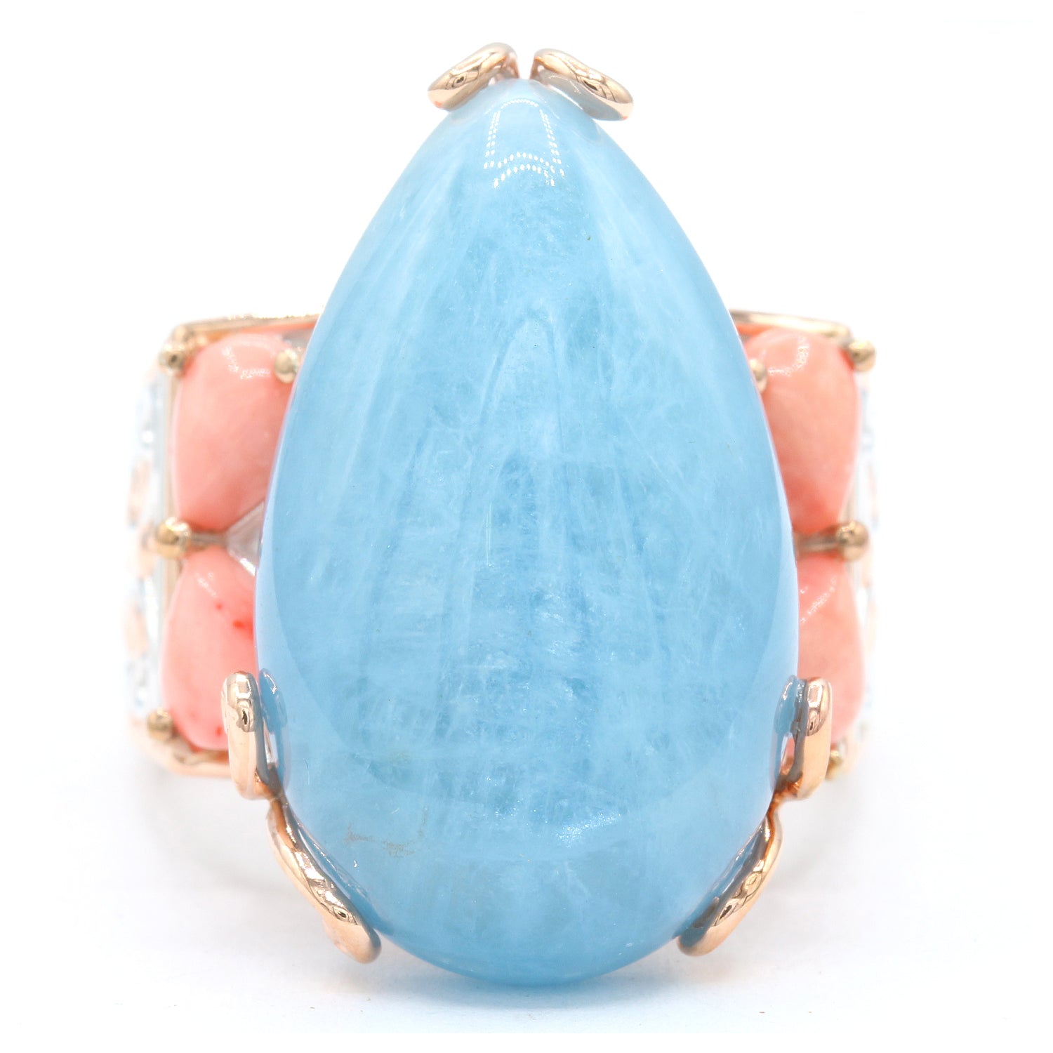 Gems en Vogue Aquamarine Cabochon & Pink Coral Ring