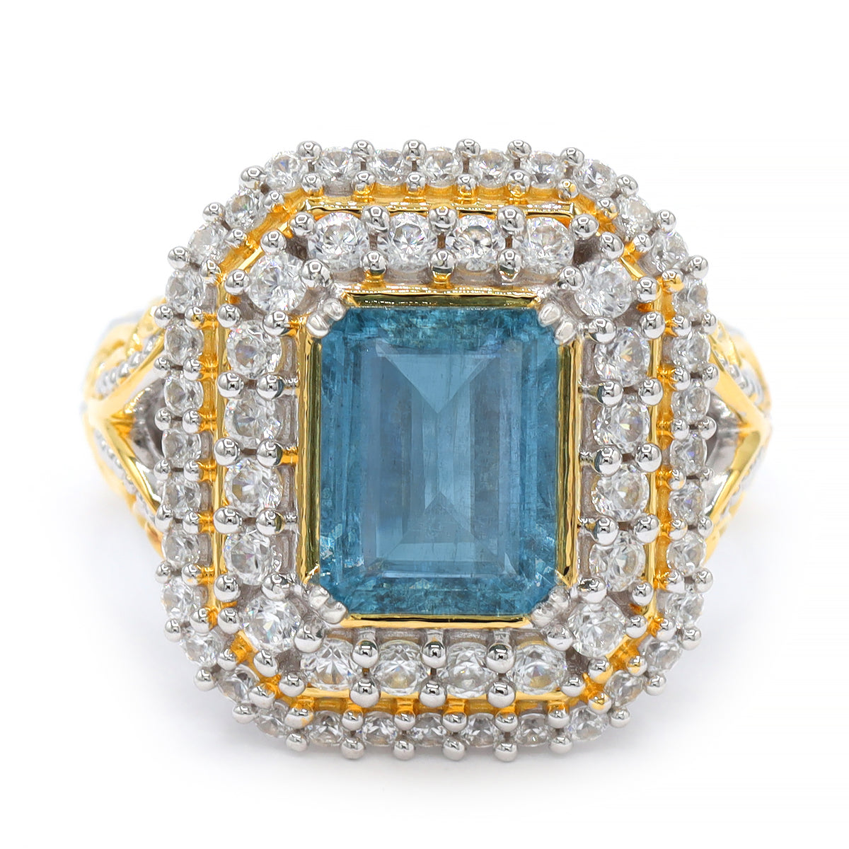 Bague à halo en aigue-marine de Tanzanie et zircon blanc 4,06 carats en argent et palladium 24K, pièce unique Couture Gems