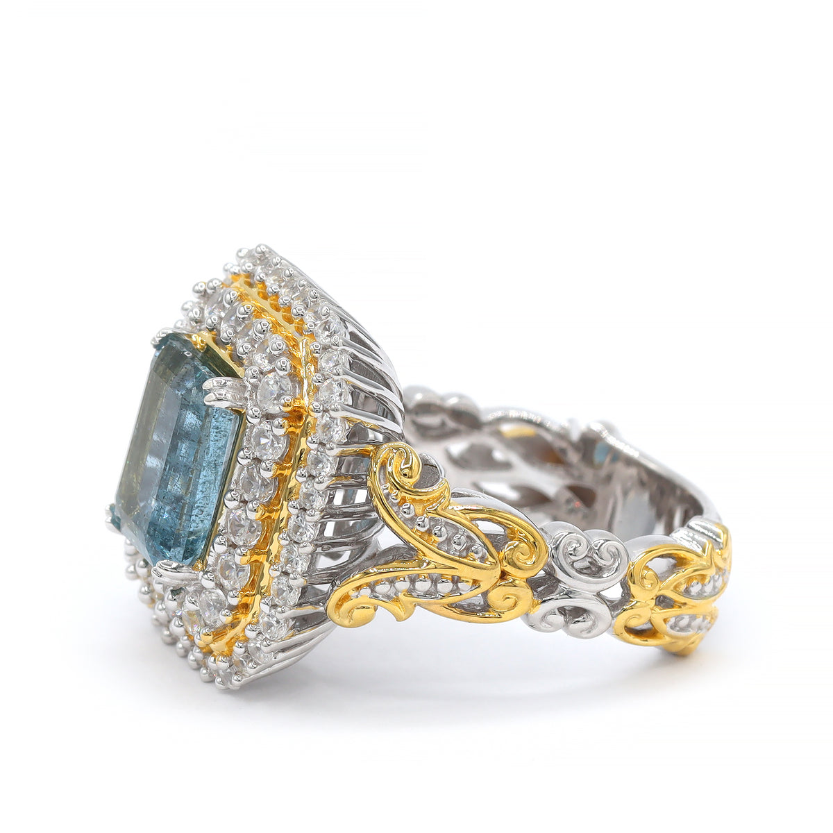Bague à halo en aigue-marine de Tanzanie et zircon blanc 4,06 carats en argent et palladium 24K, pièce unique Couture Gems