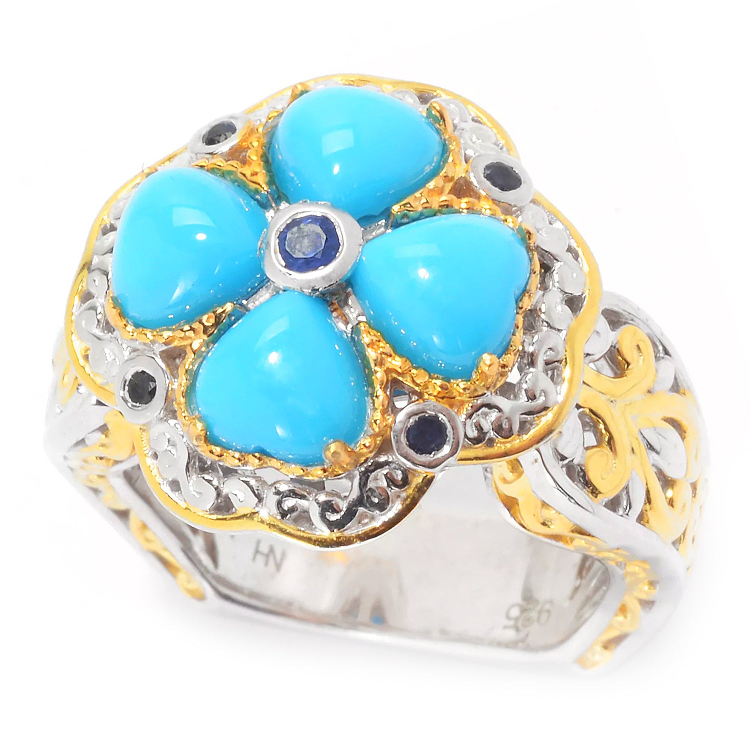 Gems en Vogue Sleeping Beauty Turquoise & Blue Sapphire Heart Flower Ring