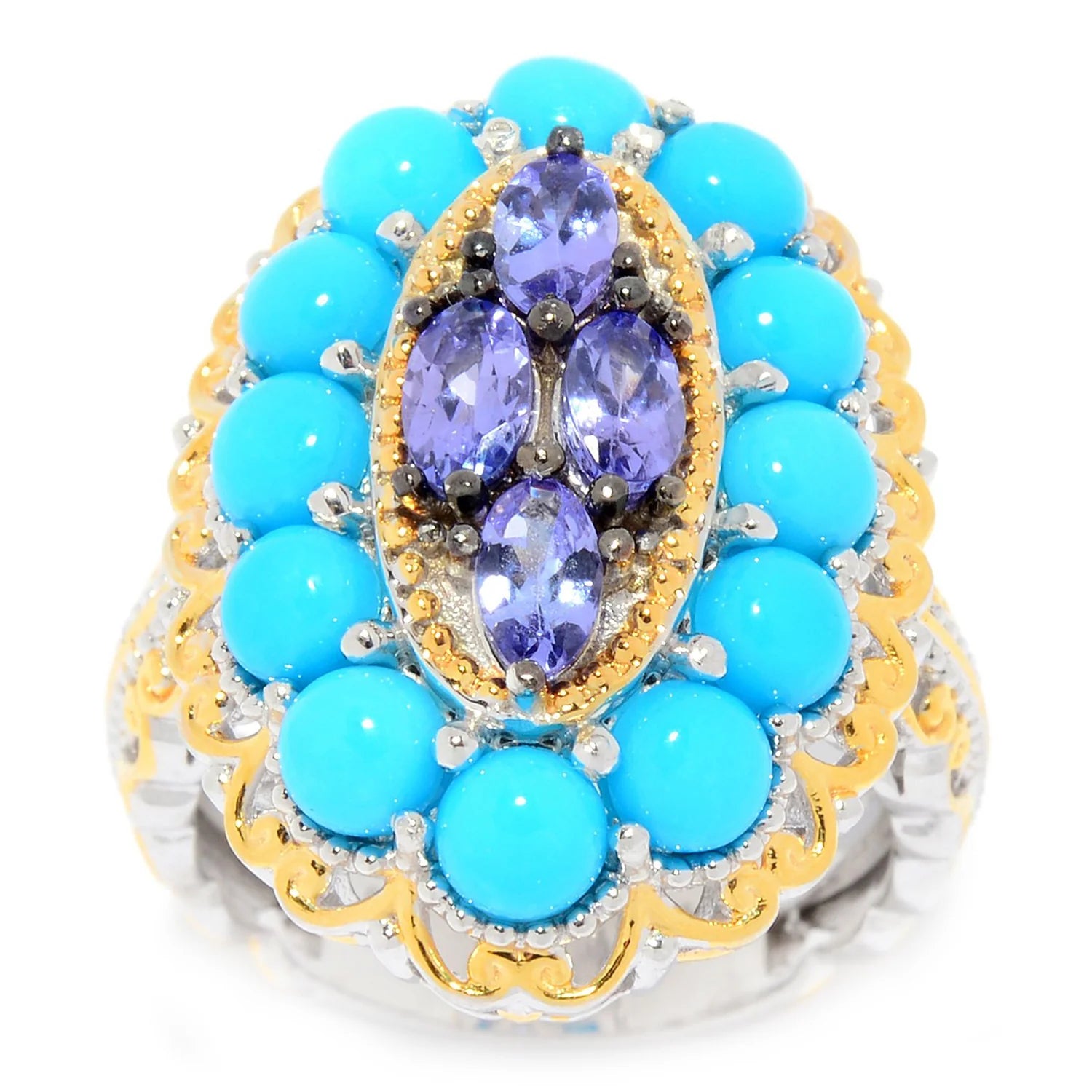 Gems en Vogue Sleeping Beauty Turquoise & Tanzanite Cluster Halo Ring