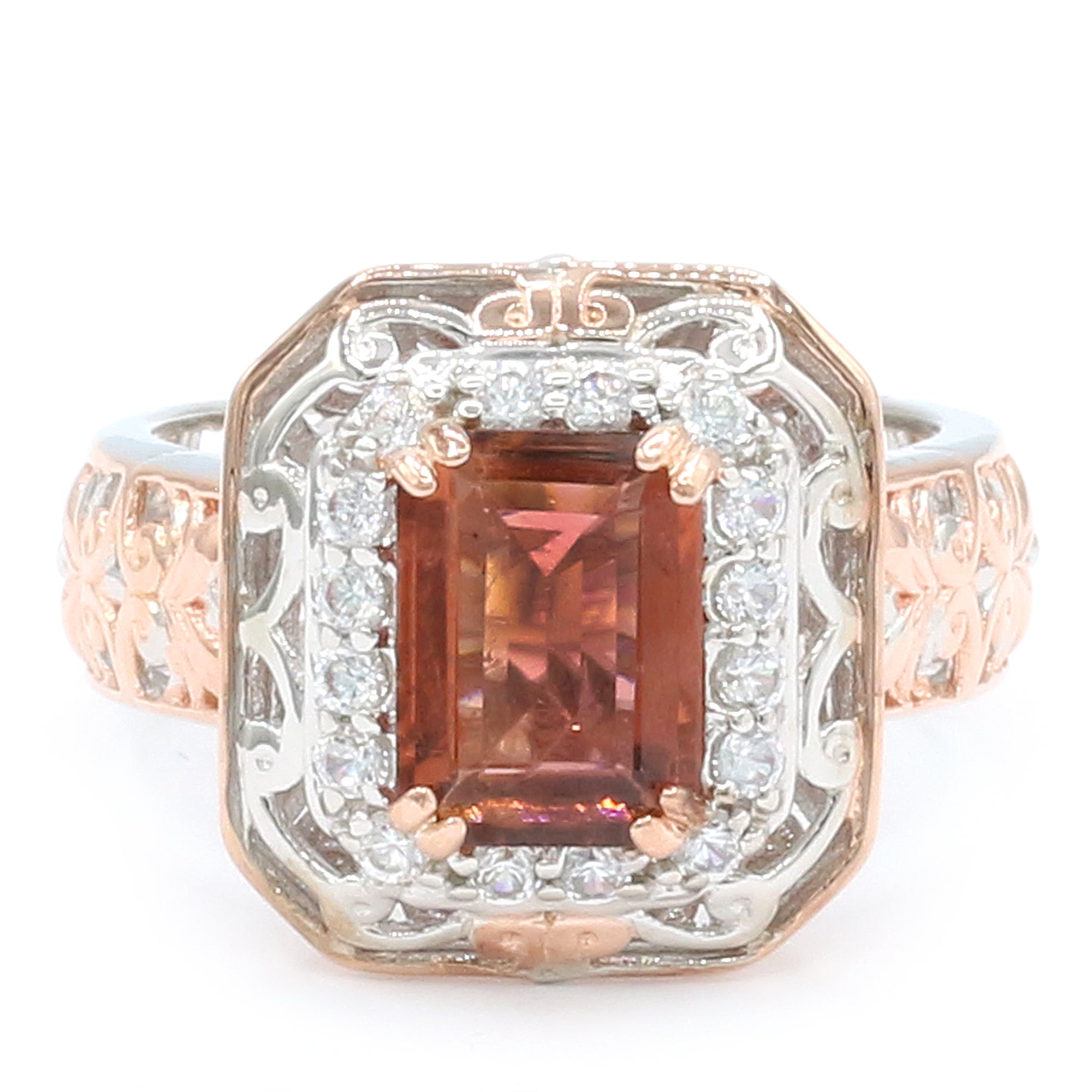 Couture Gems One-of-a-Kind 18K Palladium Silver 2.87ctw Salmon Tourmaline & White Zircon Halo Ring