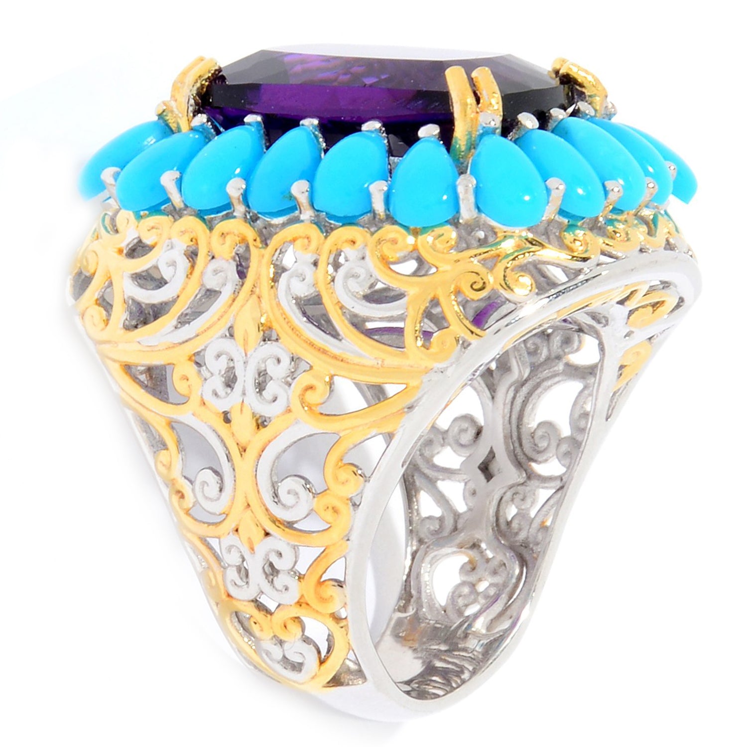 Gems en Vogue 9.72ctw Namibian Amethyst & Sleeping Beauty Turquoise Halo Ring