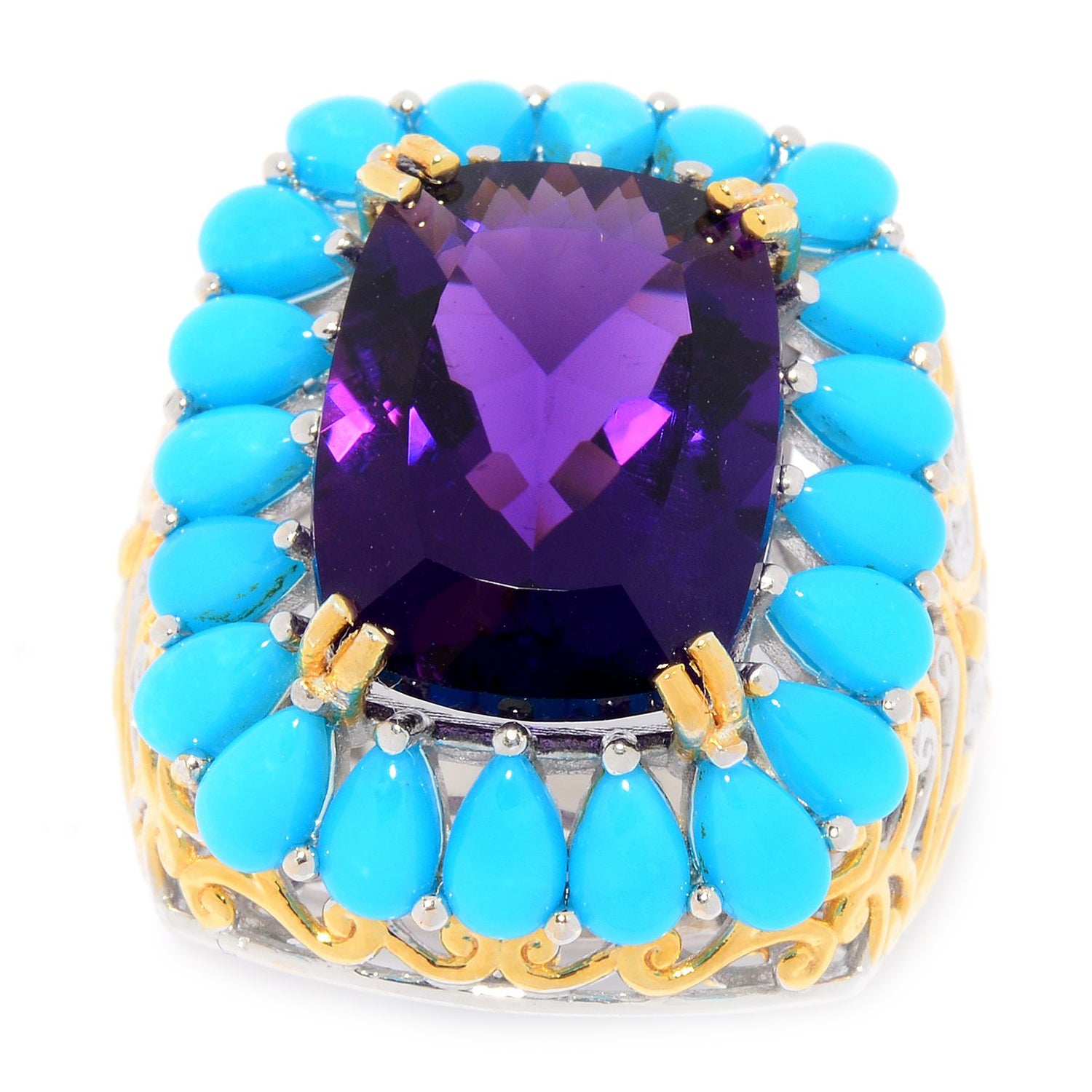 Gems en Vogue 9.72ctw Namibian Amethyst & Sleeping Beauty Turquoise Halo Ring