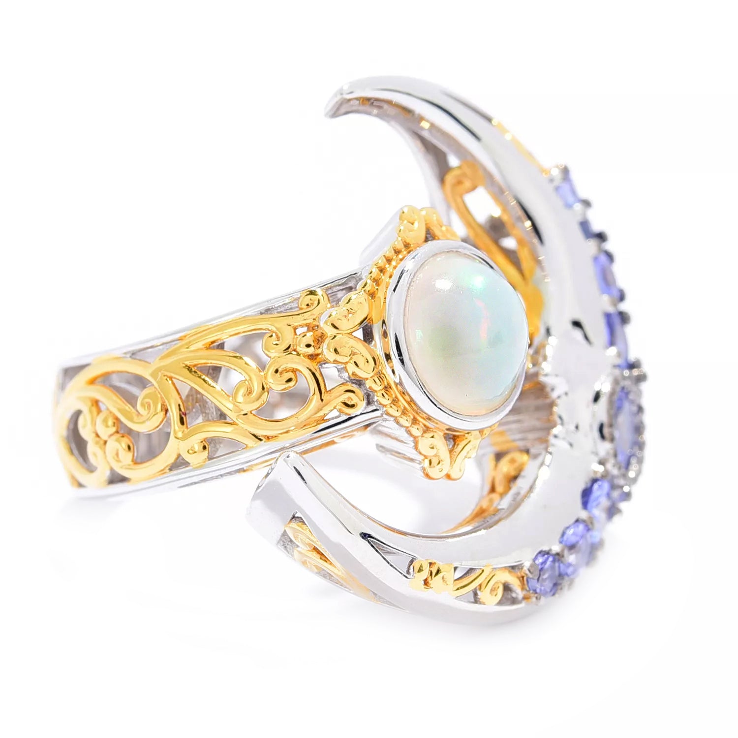 Gems en Vogue 0.84ctw Ethiopian Opal & Tanzanite Moon Ring