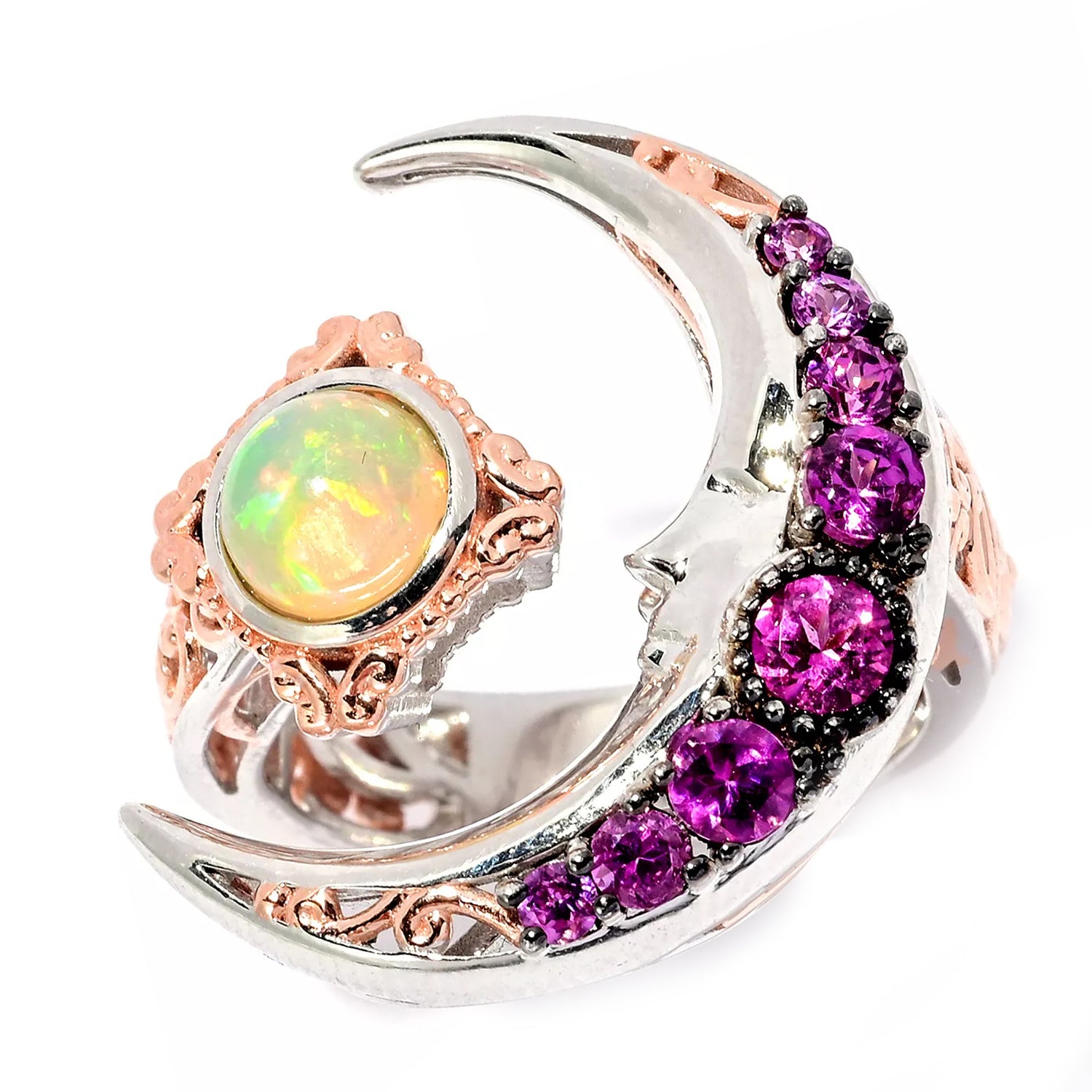 Gems en Vogue 0.73ctw Ethiopian Opal & Color Change Purple Garnet Moon Ring