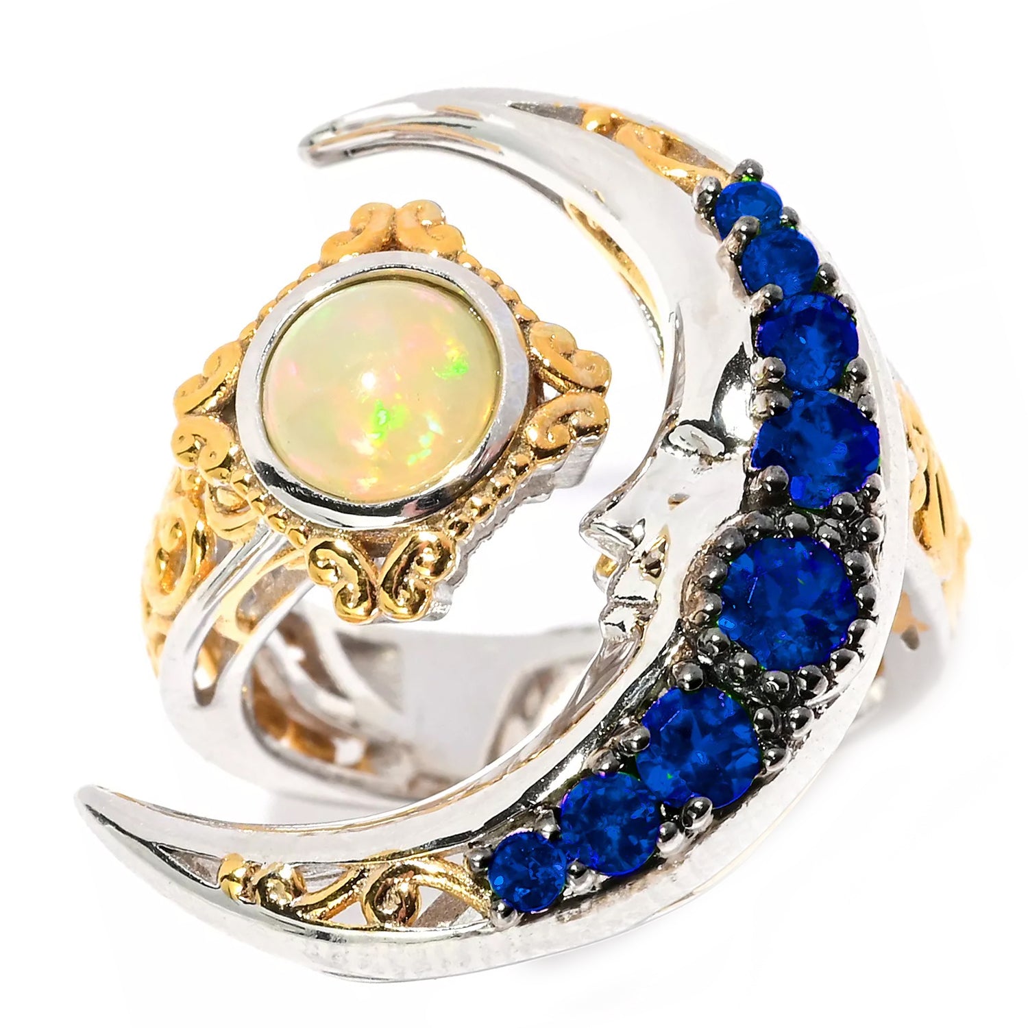 Gems en Vogue 1.67ctw Ethiopian Opal & Cobalt Blue Spinel Moon Ring