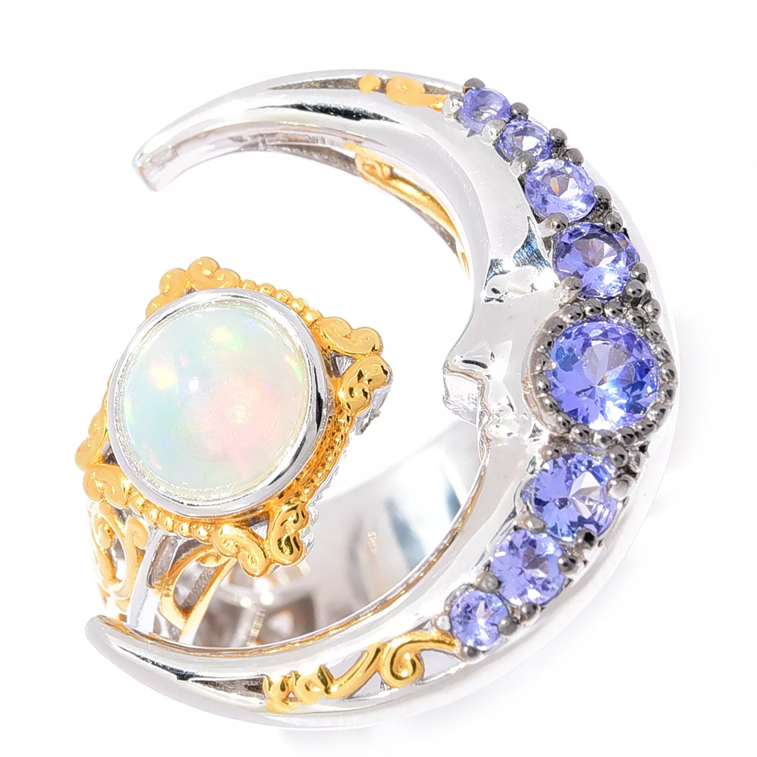 Gems en Vogue 0.84ctw Ethiopian Opal & Tanzanite Moon Ring