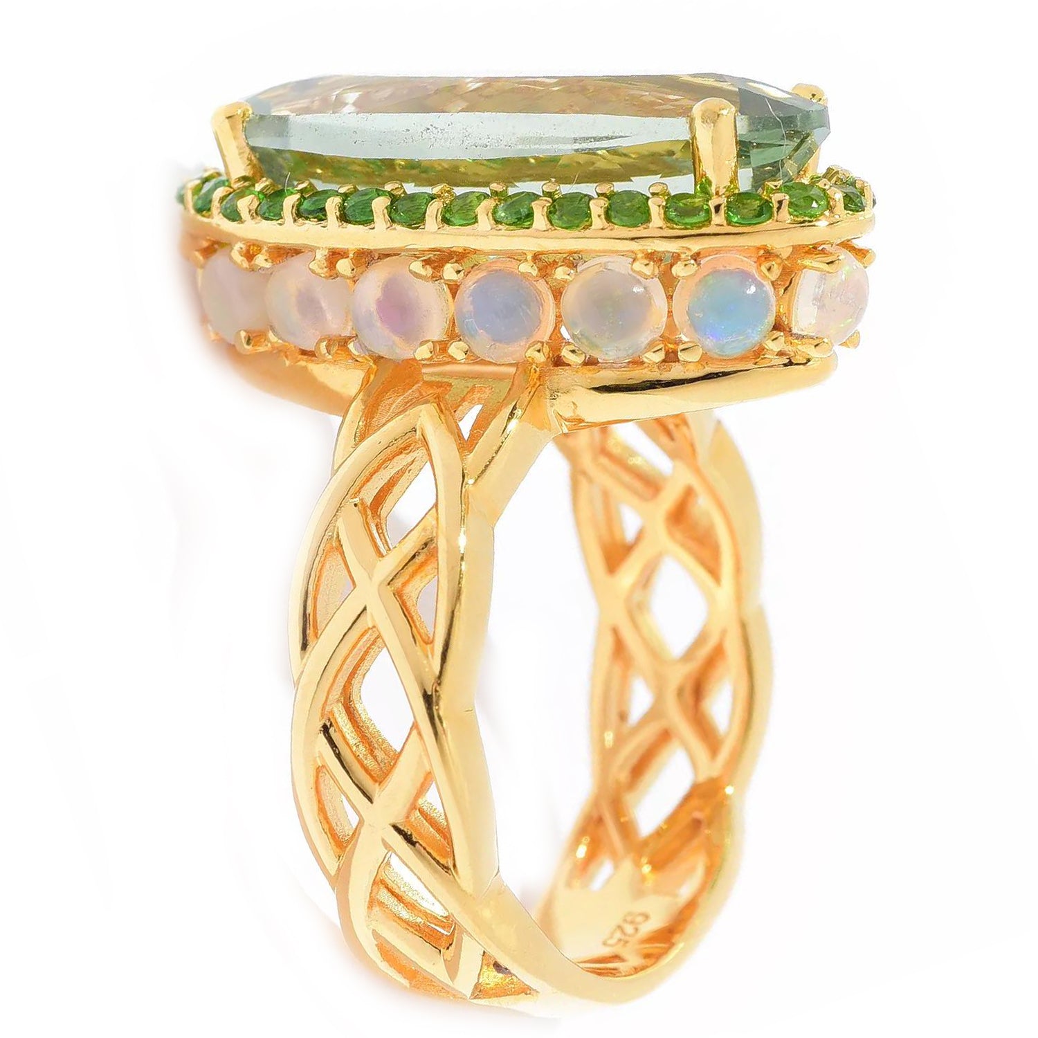 Hall of Jewels 8.81ctw Prasiolite, Chrome Diopside & Ethiopian Opal Woven Shank Ring