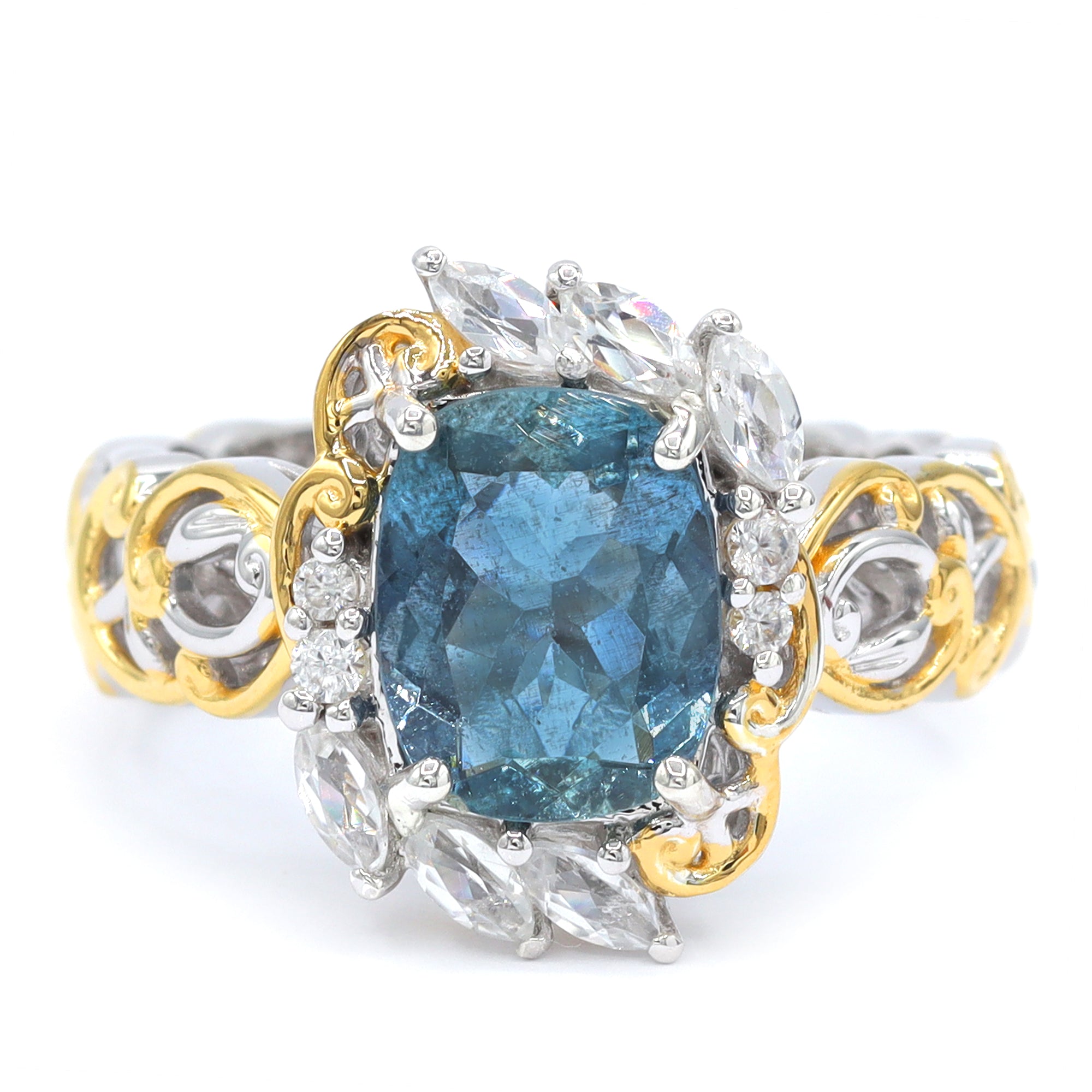 Bague à halo en aigue-marine de Tanzanie et zircon blanc 4,06 carats en argent et palladium 24K, pièce unique Couture Gems