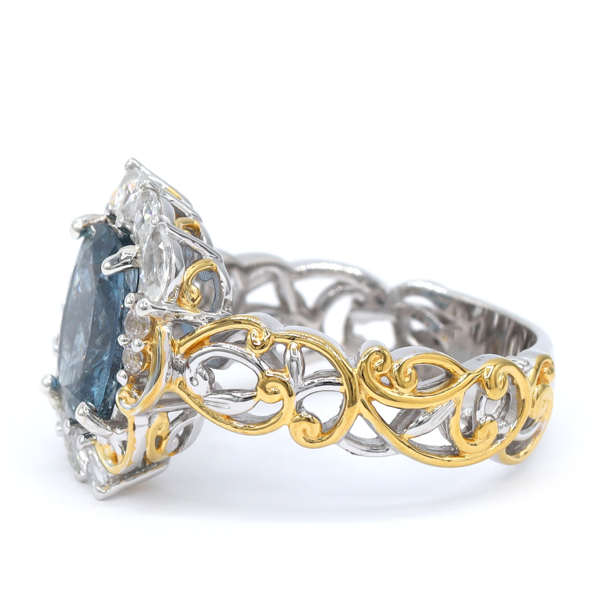 Bague à halo en aigue-marine de Tanzanie et zircon blanc 4,06 carats en argent et palladium 24K, pièce unique Couture Gems