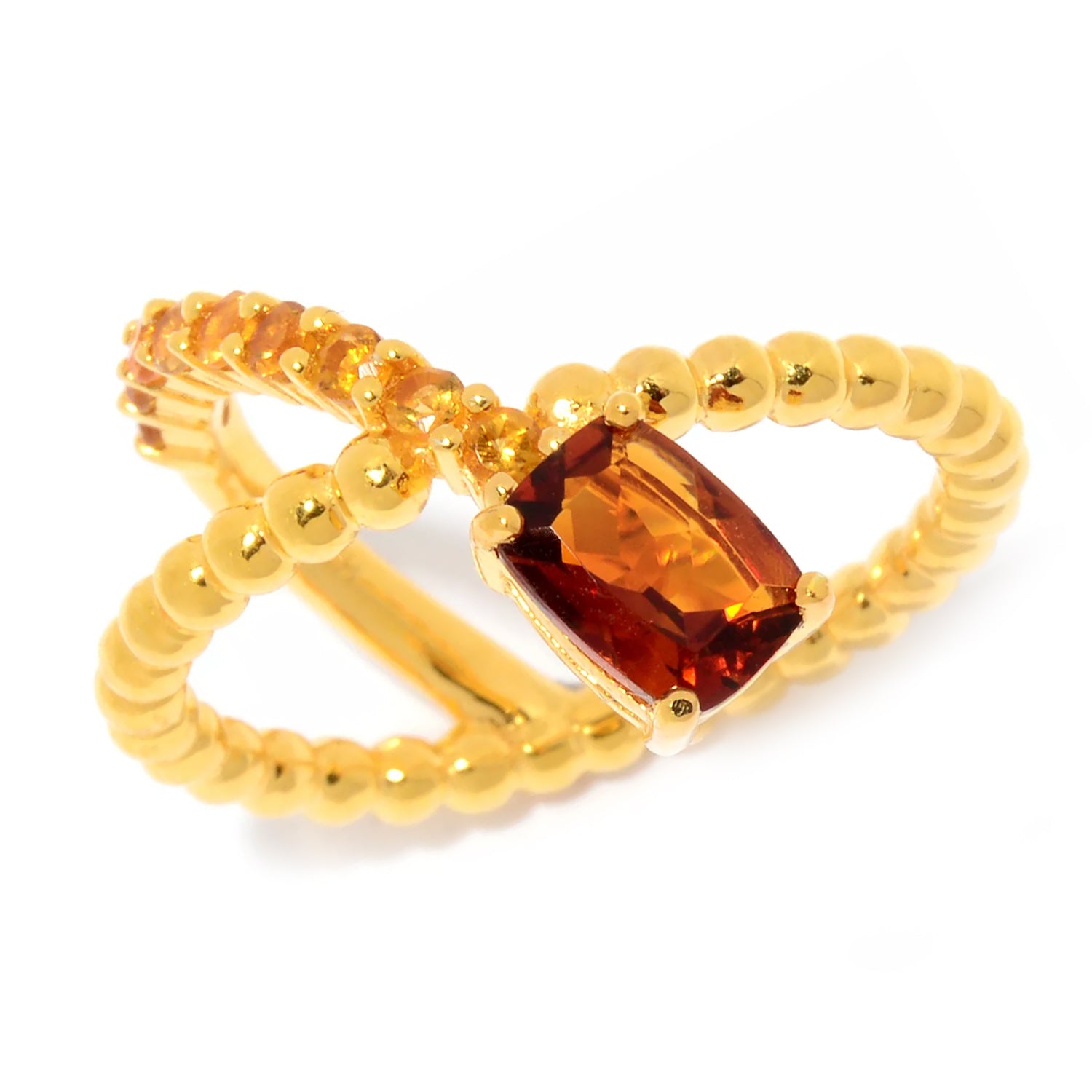 Hall of Jewels 1.04ctw Madeira Citrine & Yellow Citrine Beaded Band Crossover Ring