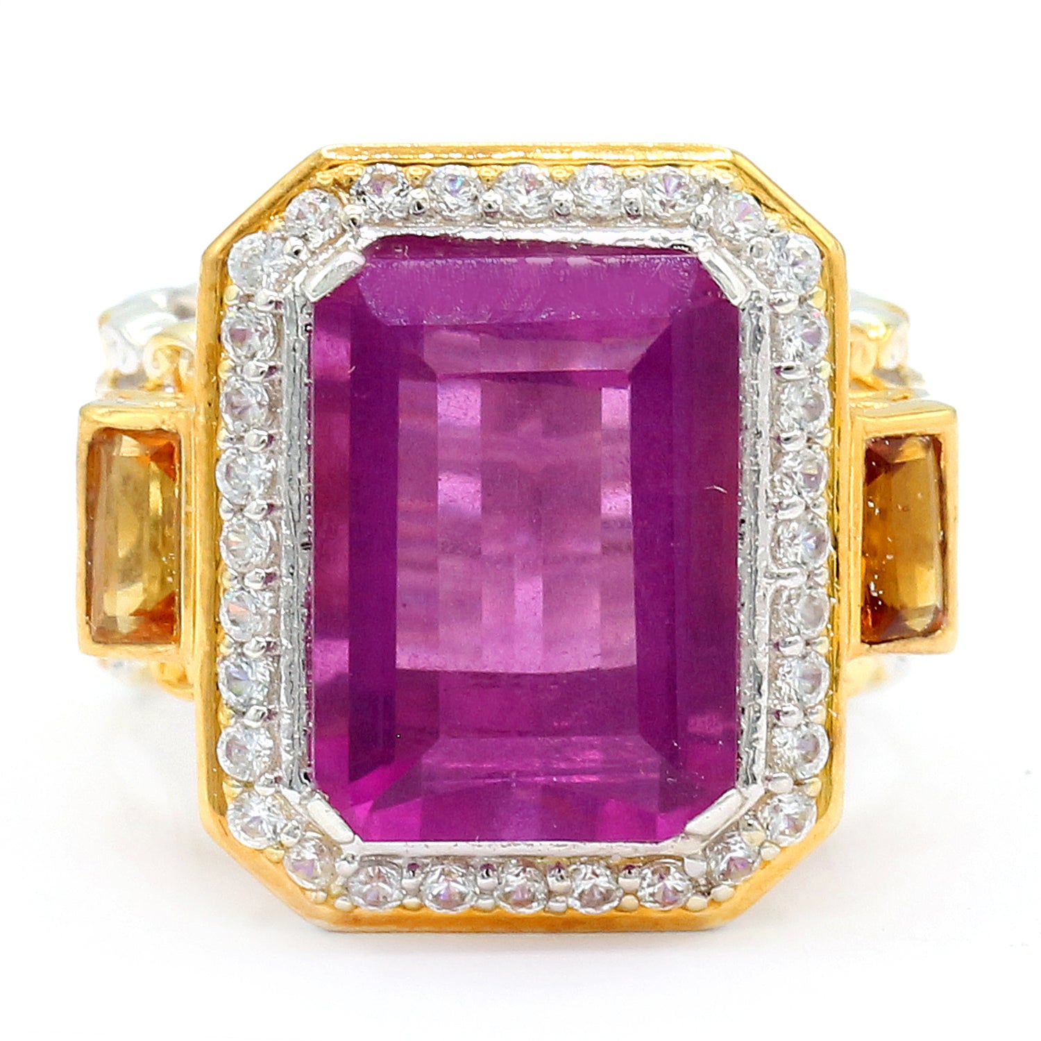 Gems en Vogue 10.08ctw Fuchsia Pink Fluorite, Madeira Citrine & White Zircon Ring