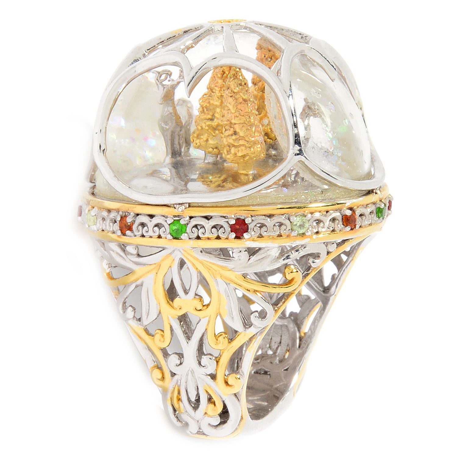 Gems en Vogue Deer & Trees Snow Globe & Multi Gemstones Ring