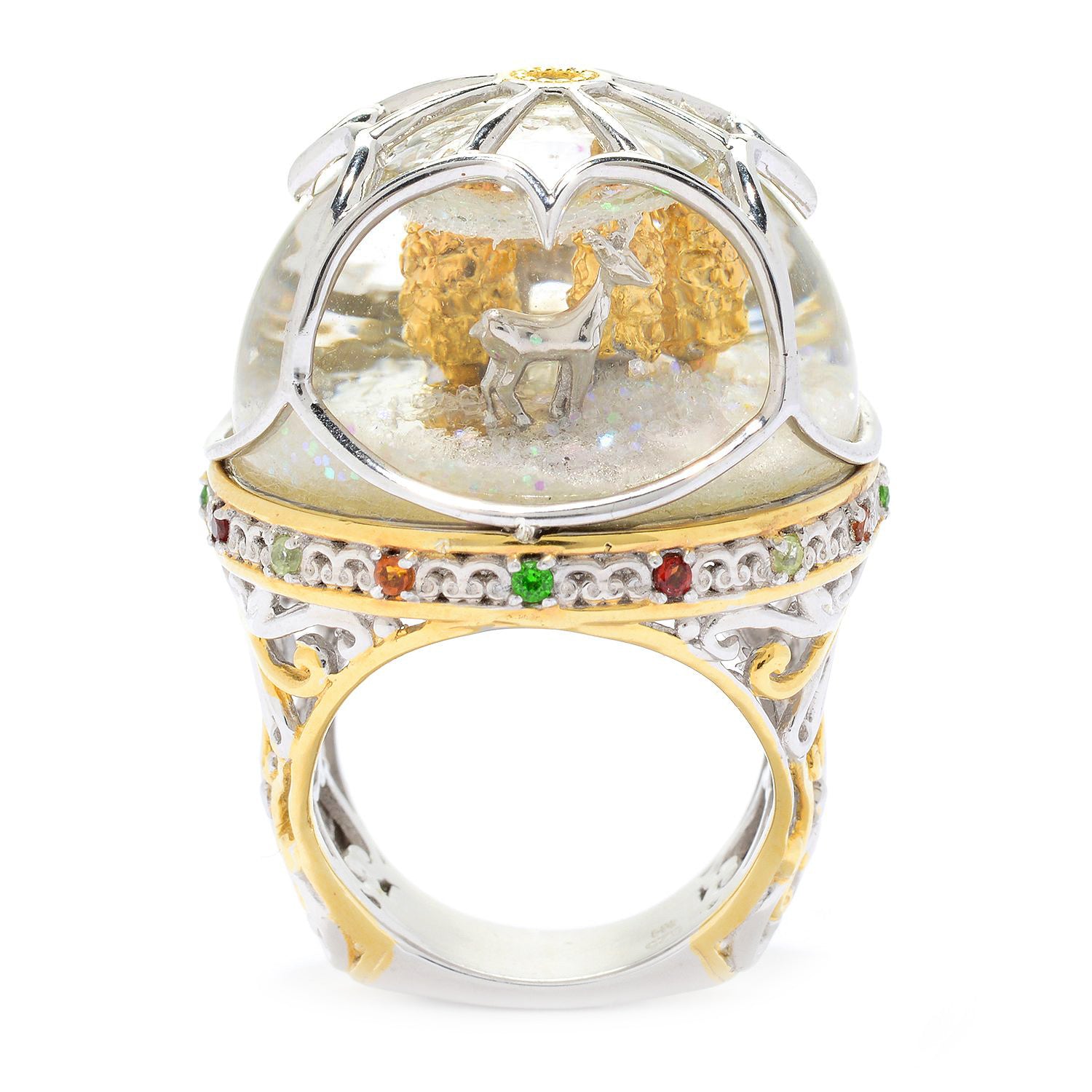 Gems en Vogue Deer & Trees Snow Globe & Multi Gemstones Ring