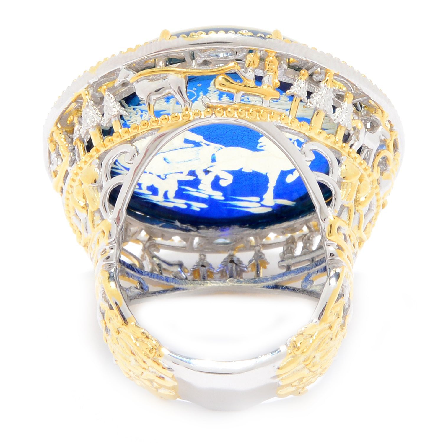 Gems en Vogue Carved Blue Amber & Sapphire Christmas Sled Ring