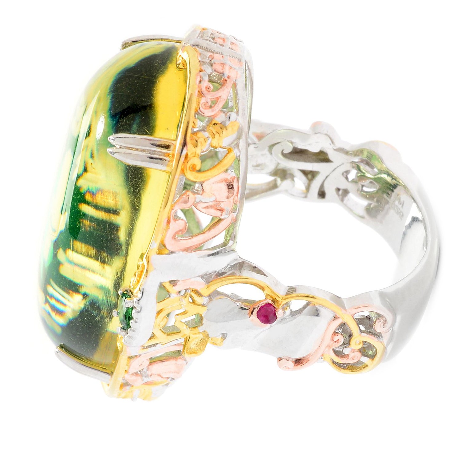 Bague renne Gems en Vogue en ambre vert sculpté et topaze Paraíba