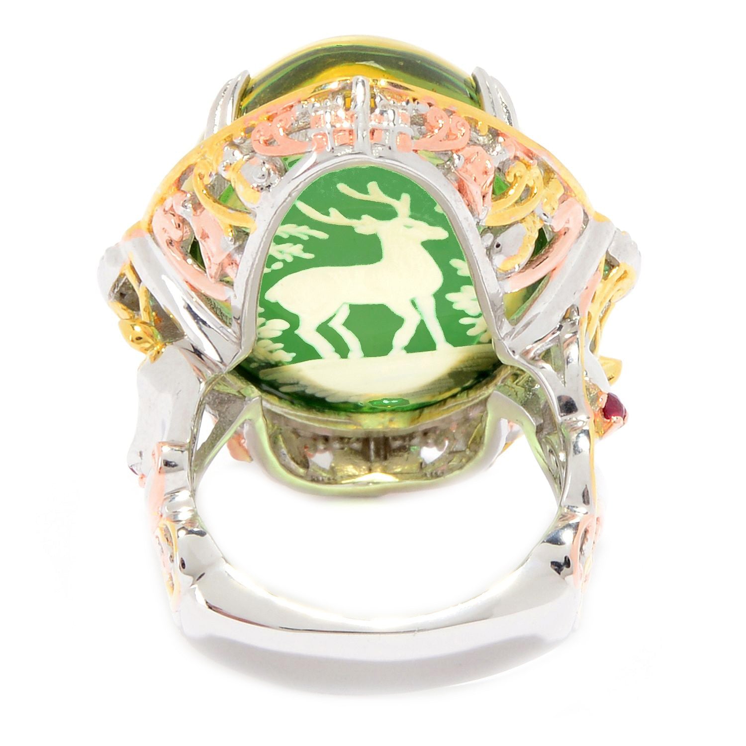 Bague renne Gems en Vogue en ambre vert sculpté et topaze Paraíba