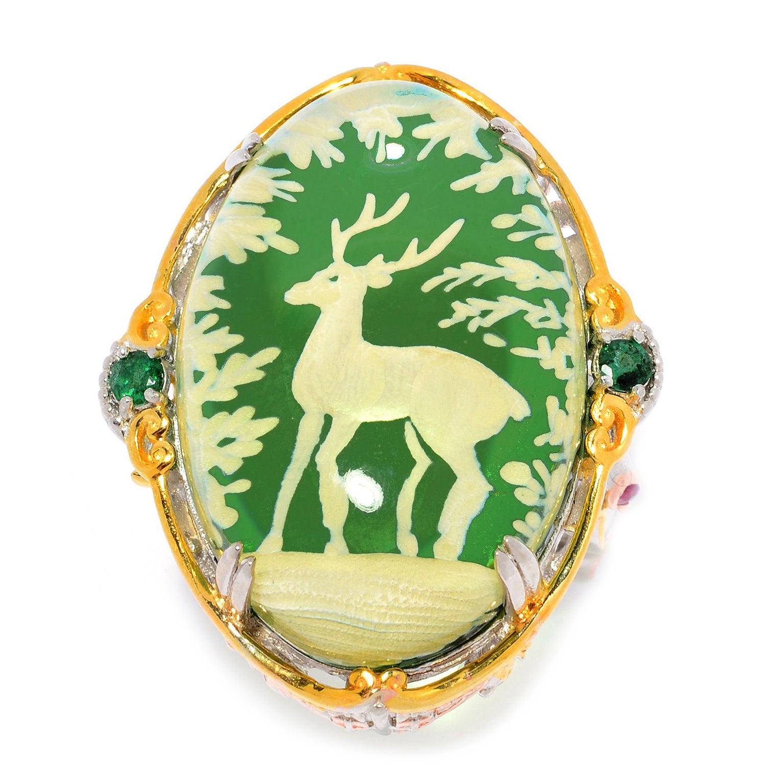 Bague renne Gems en Vogue en ambre vert sculpté et topaze Paraíba