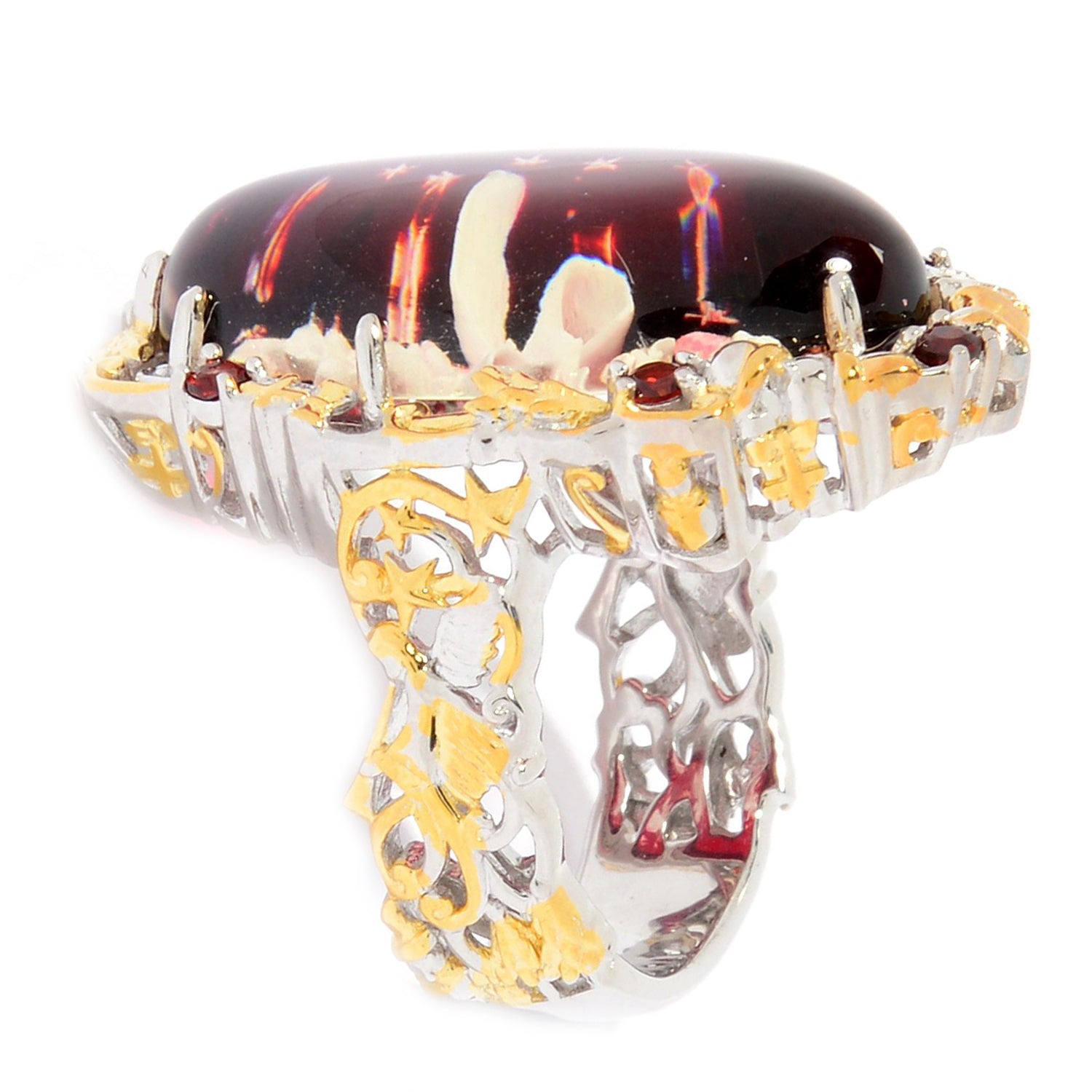 ÉPUISÉ - veuillez consulter la bague de bougie RE109994-3 en ambre bleu sculpté et topaze bleue suisse