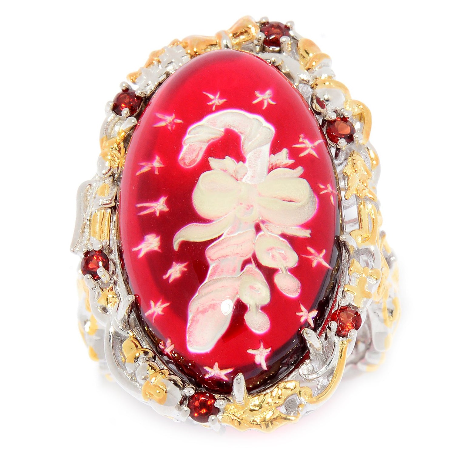 Gems en Vogue Carved Red Amber & Garnet Holiday Candy Cane Ring