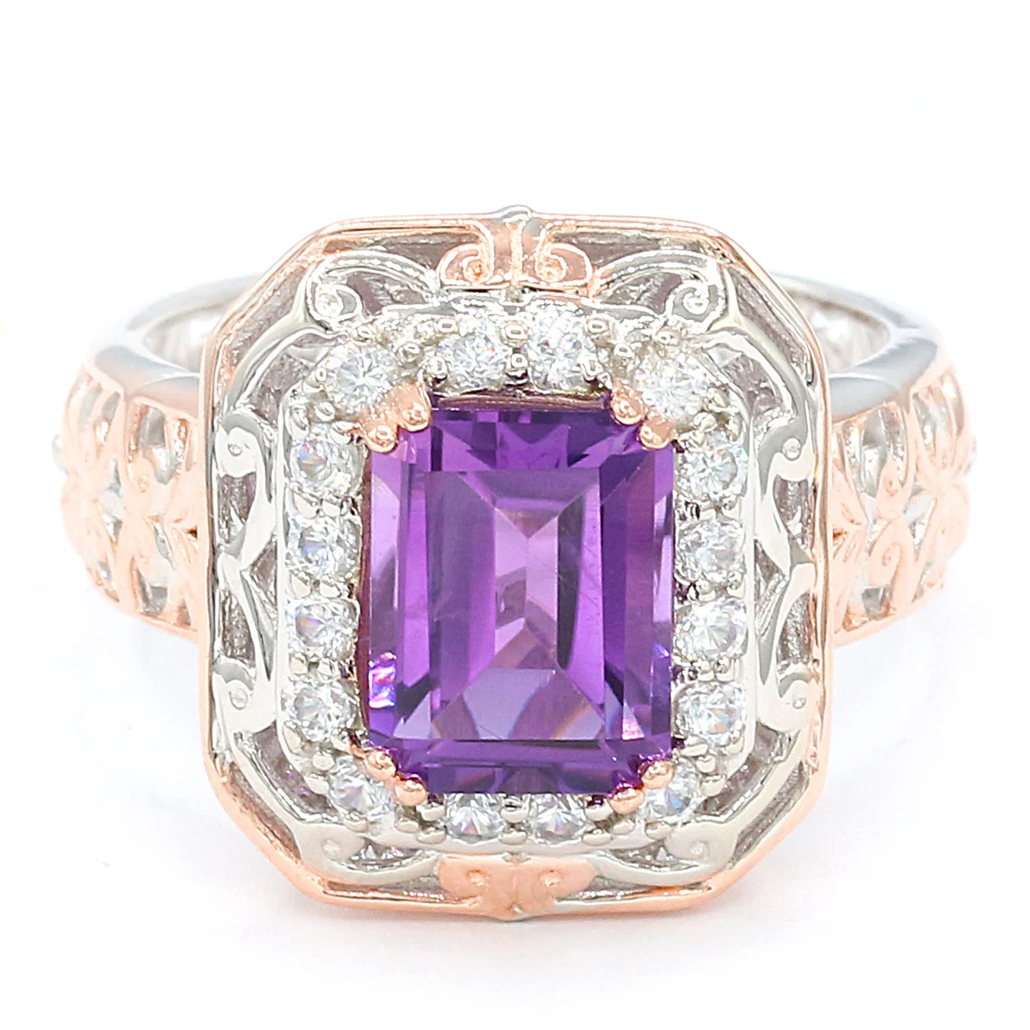 Gems en Vogue 2.74ctw Brazilian Amethyst & White Zircon Octagon Halo Ring