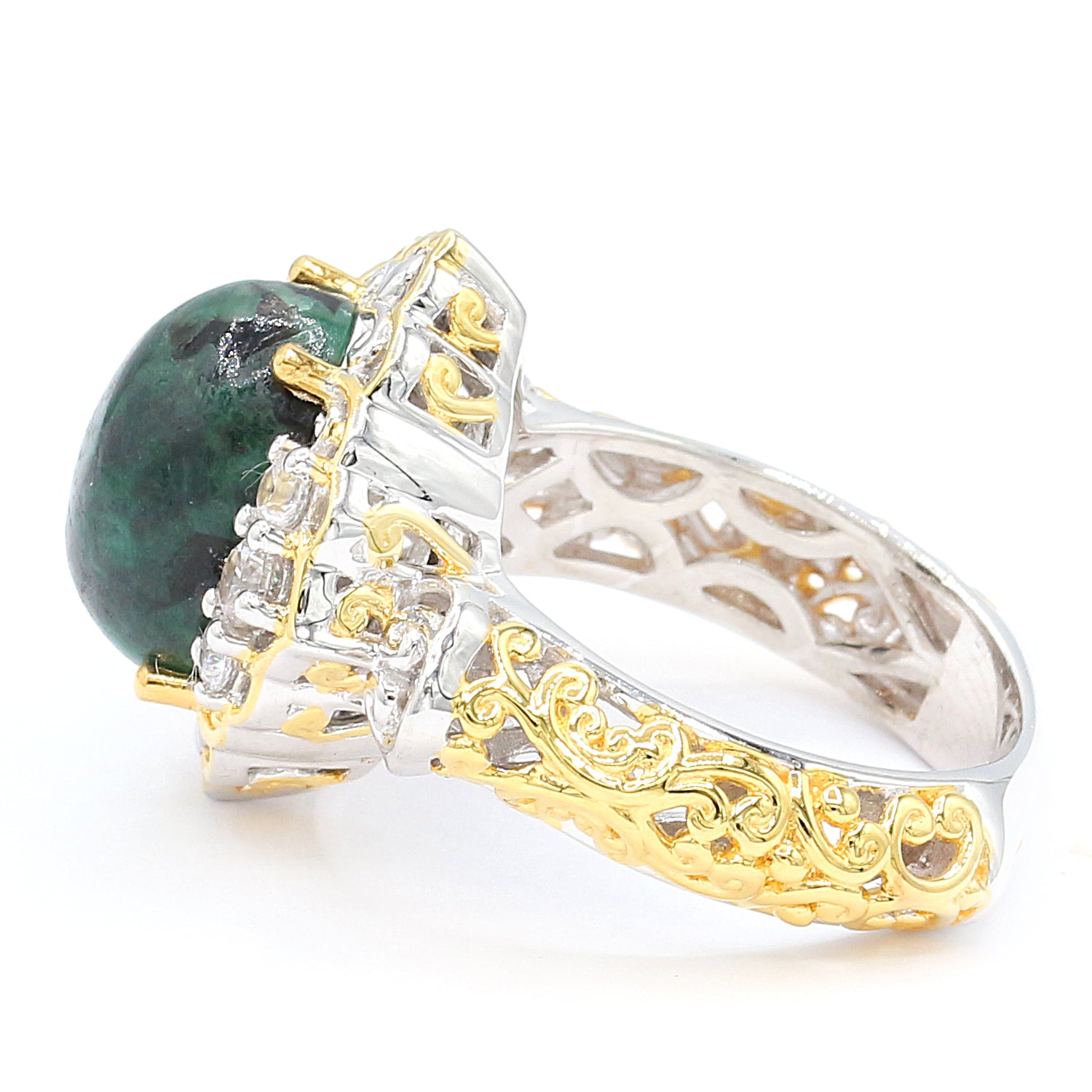 Gems en Vogue GIA Certified Gems Green Beryl Cabochon & White Zircon Ring with Certificate