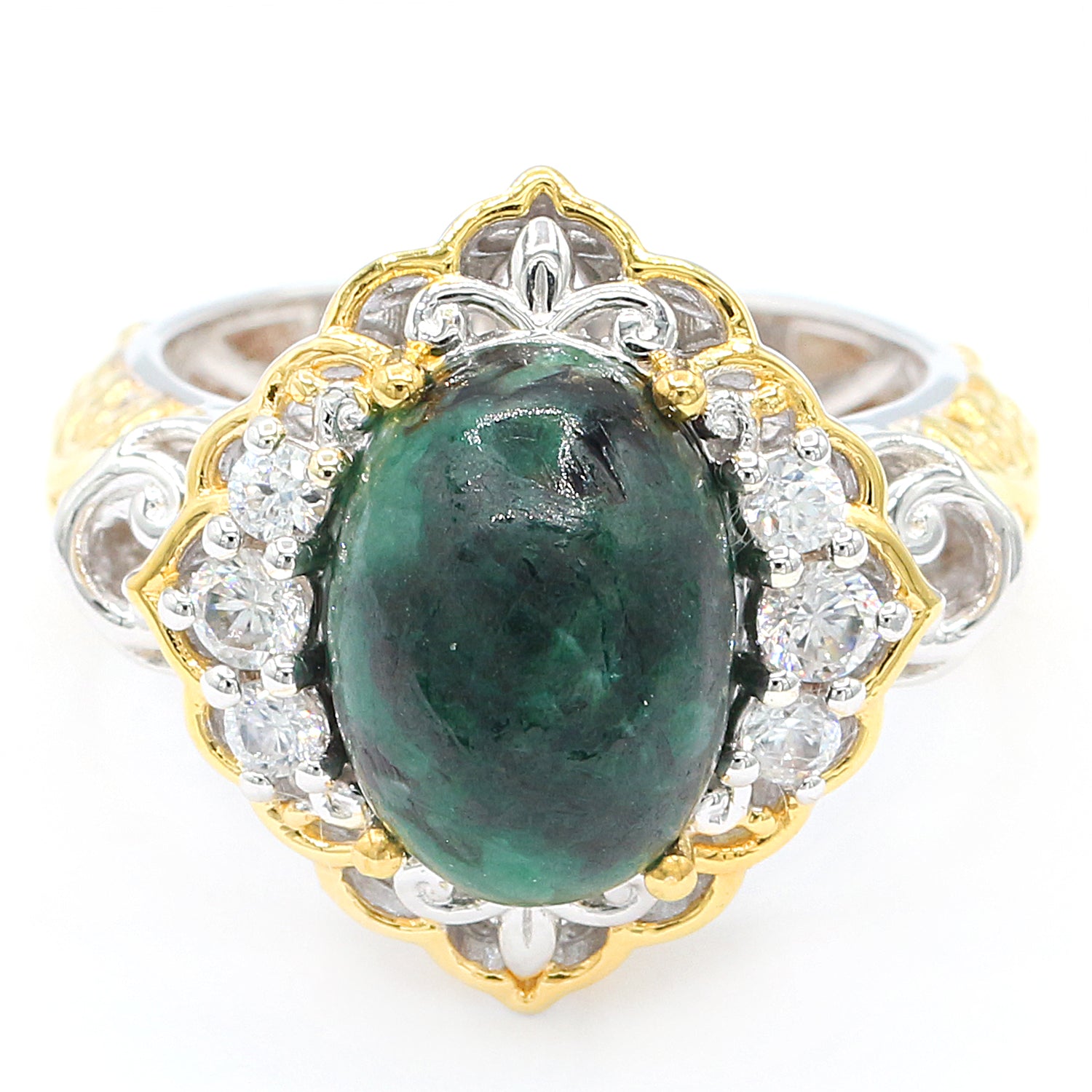 Gems en Vogue GIA Certified Gems Green Beryl Cabochon & White Zircon Ring with Certificate