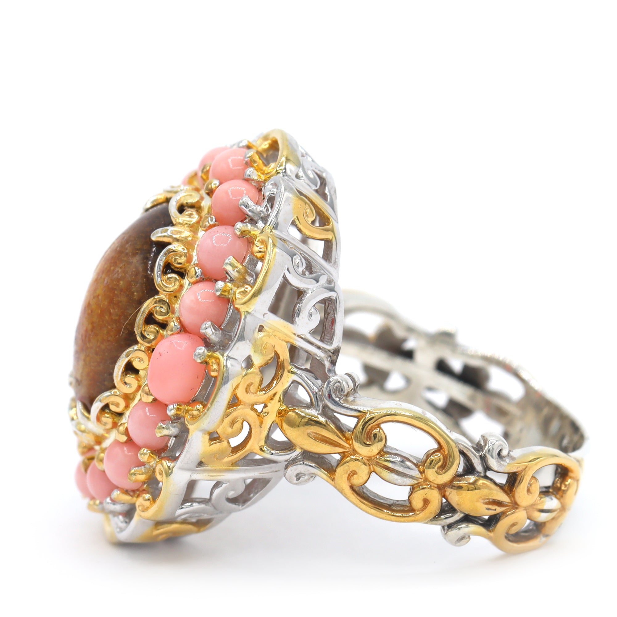 Gems en Vogue One-of-a-Kind 24K Palladium Silver Golden & Pink Coral Halo Ring