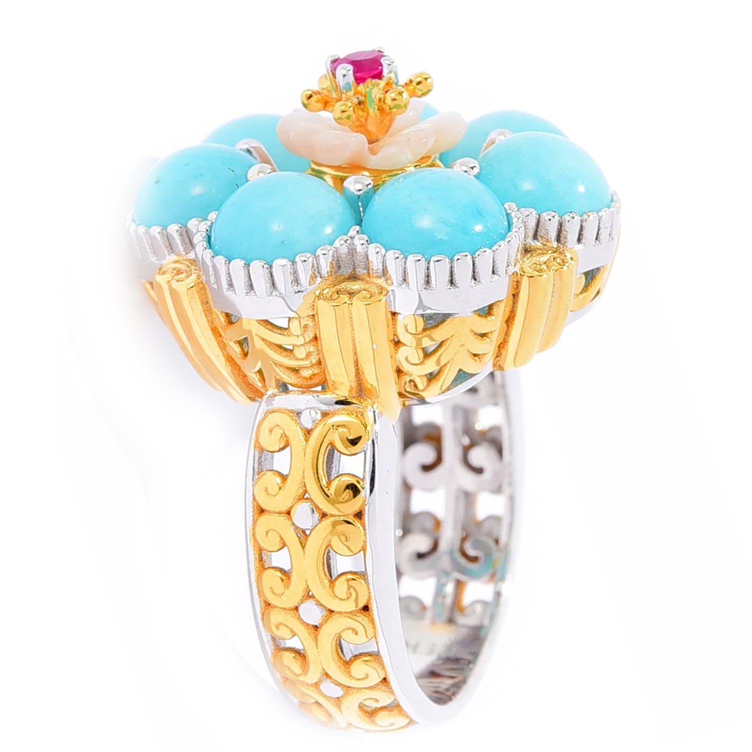 Gems en Vogue Amazonite, Pink Shell & Ruby Flower Ring