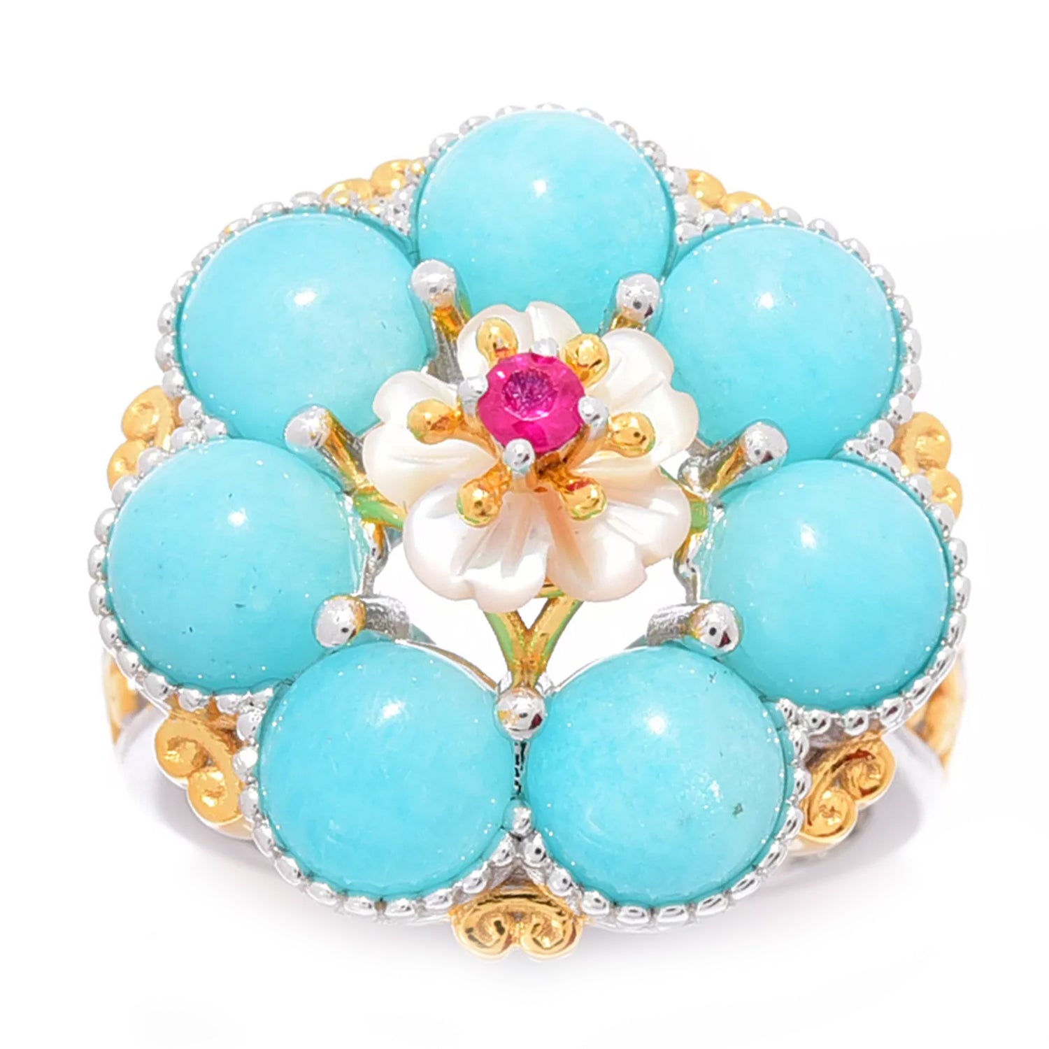 Gems en Vogue Amazonite, Pink Shell & Ruby Flower Ring