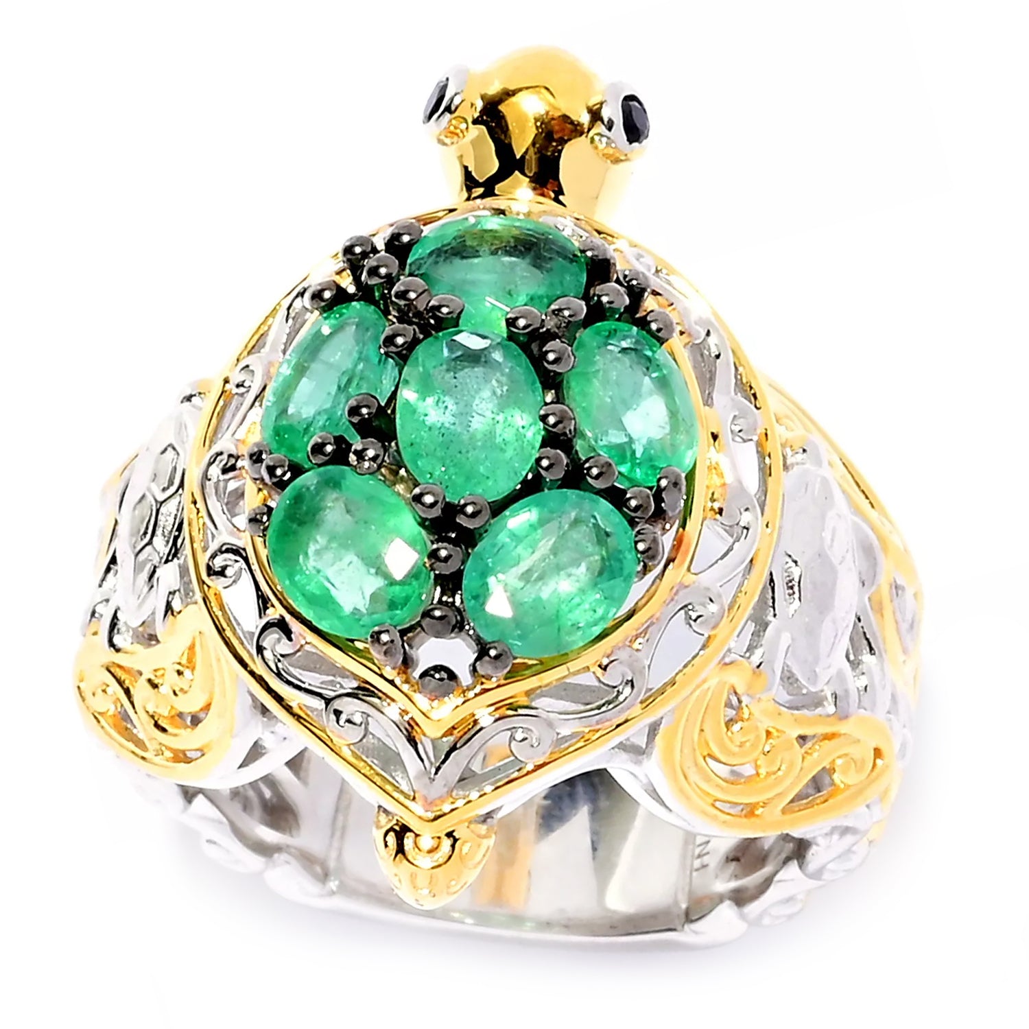 Gems en Vogue 1.89ctw Grizzly Emerald & Black Spinel Turtle Ring